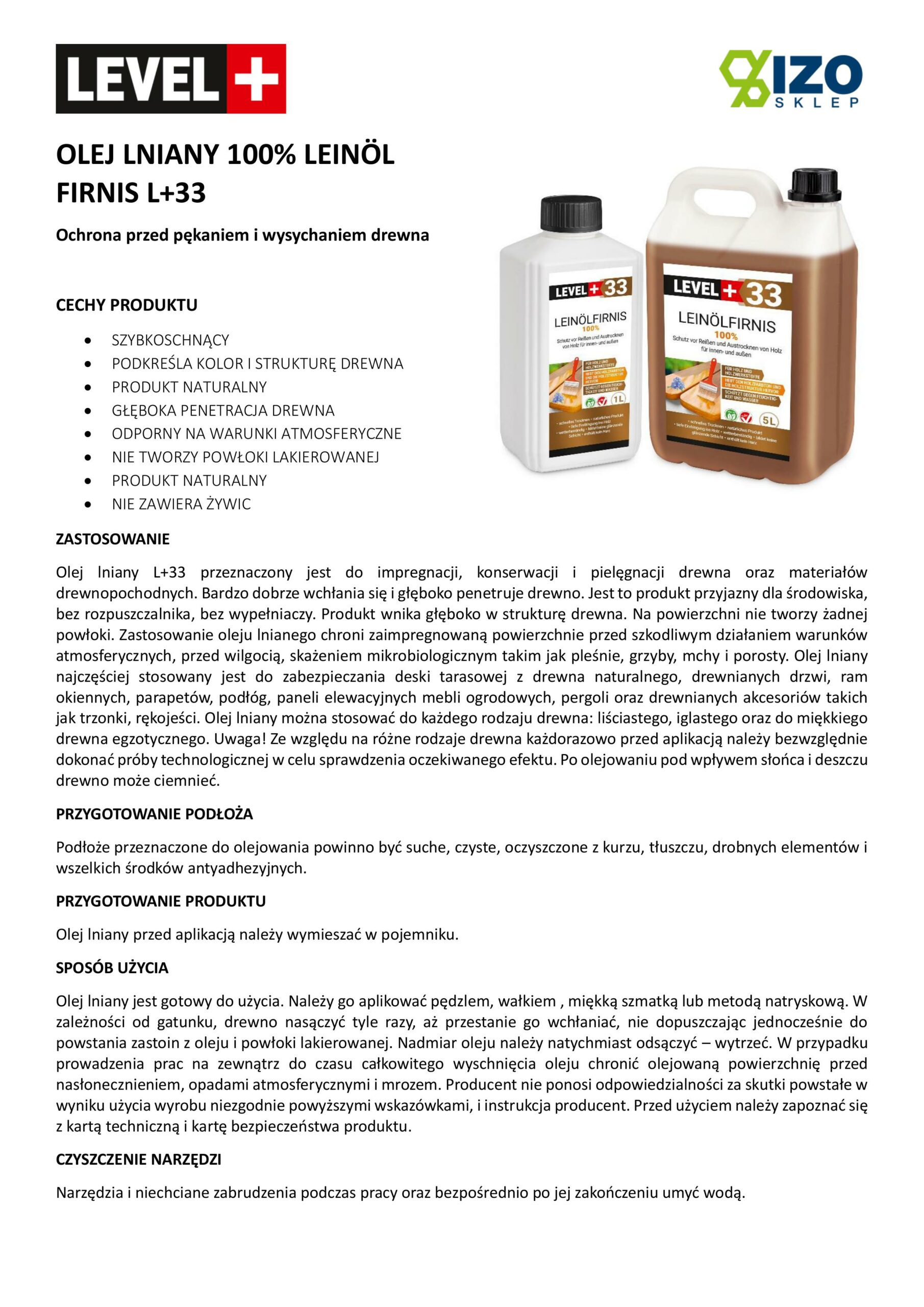 Olej Lniany LEVEL+ 100% 2L Czysty Olej Lniany Pokost Lniany L+33 - obrazek 4