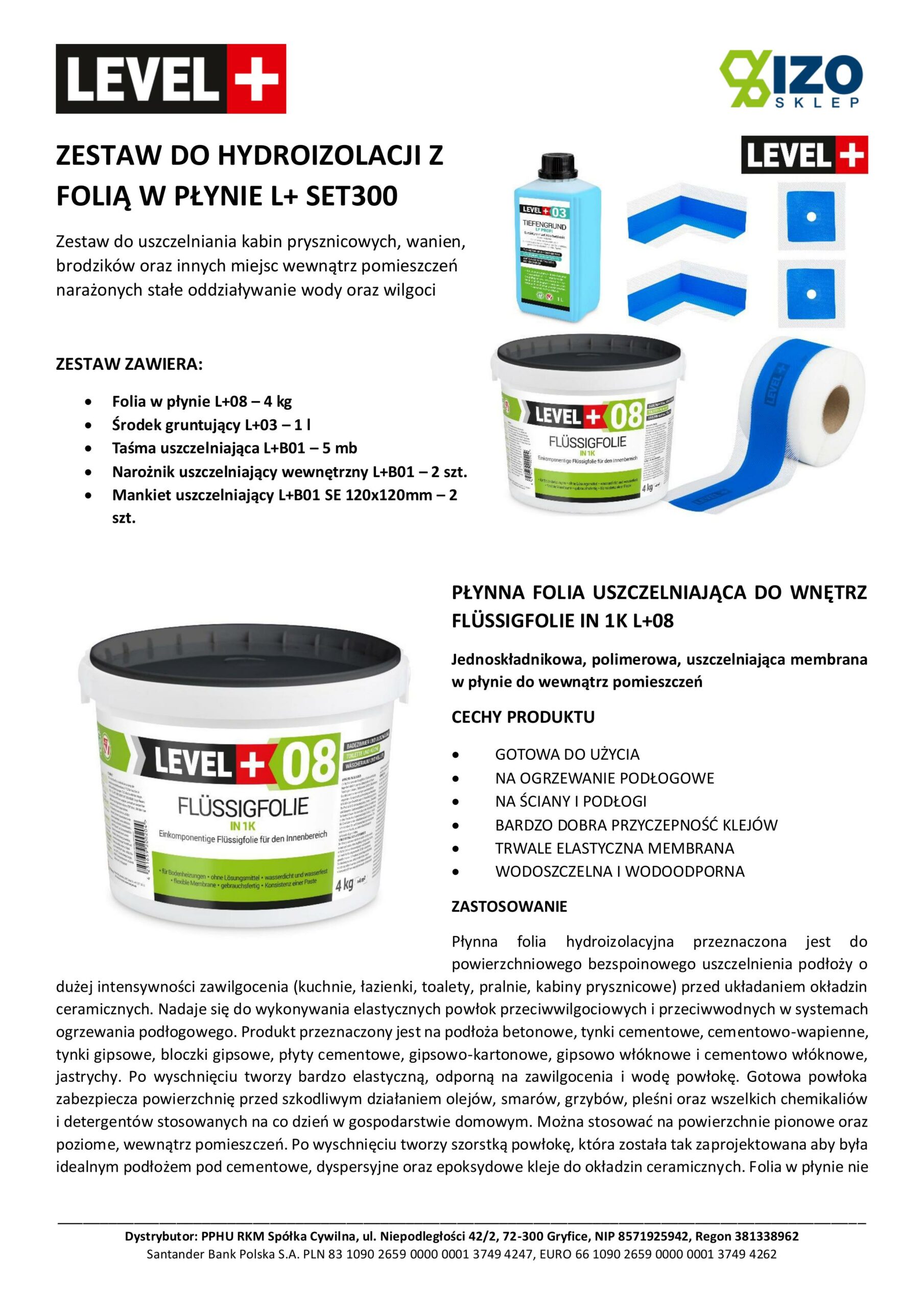Zestaw do Hydroizolacji Folia w Płynie 4kg Taśma uszczelniająca 5mb Środek Gruntujący Łazienka Prysznic - LEVEL+ SET300 - obrazek 7