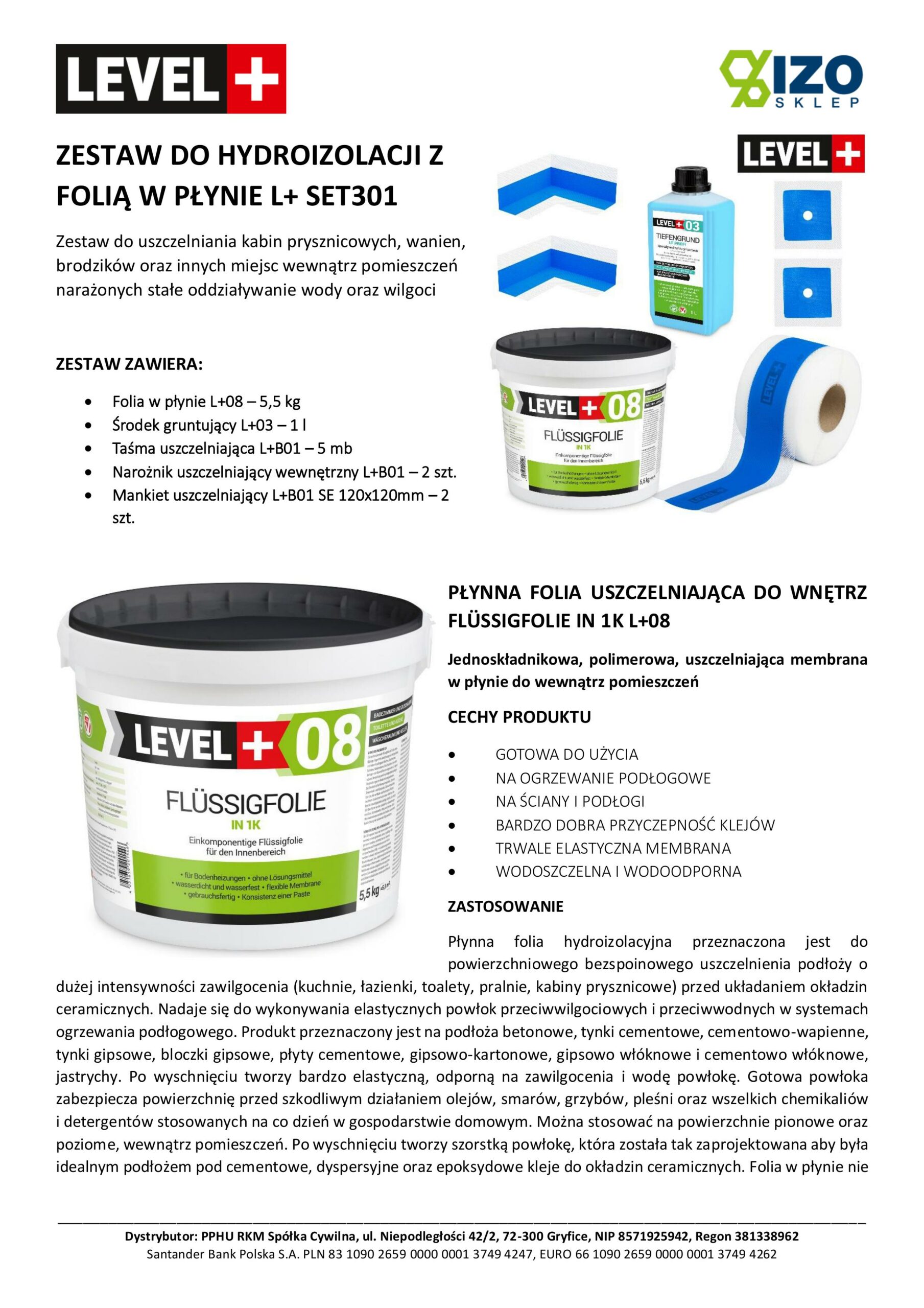 Zestaw do Hydroizolacji Folia w Płynie 5,5kg Taśma uszczelniająca 5mb Środek Gruntujący Łazienka Prysznic - LEVEL+ SET301 - obrazek 7