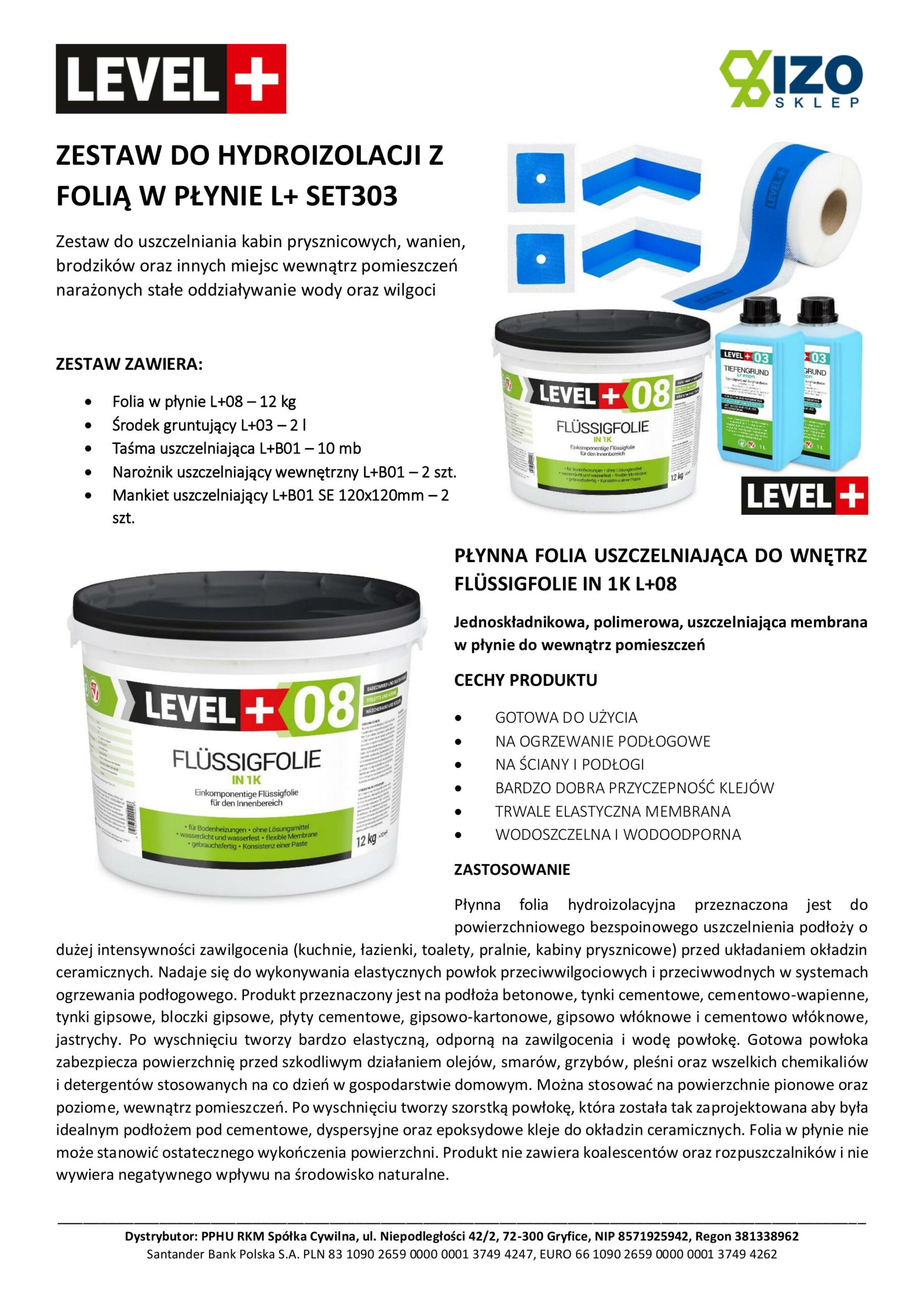 Zestaw do Hydroizolacji Folia w Płynie 12kg Taśma uszczelniająca 10mb Środek Gruntujący Łazienka Prysznic - LEVEL+ SET303 - obrazek 7