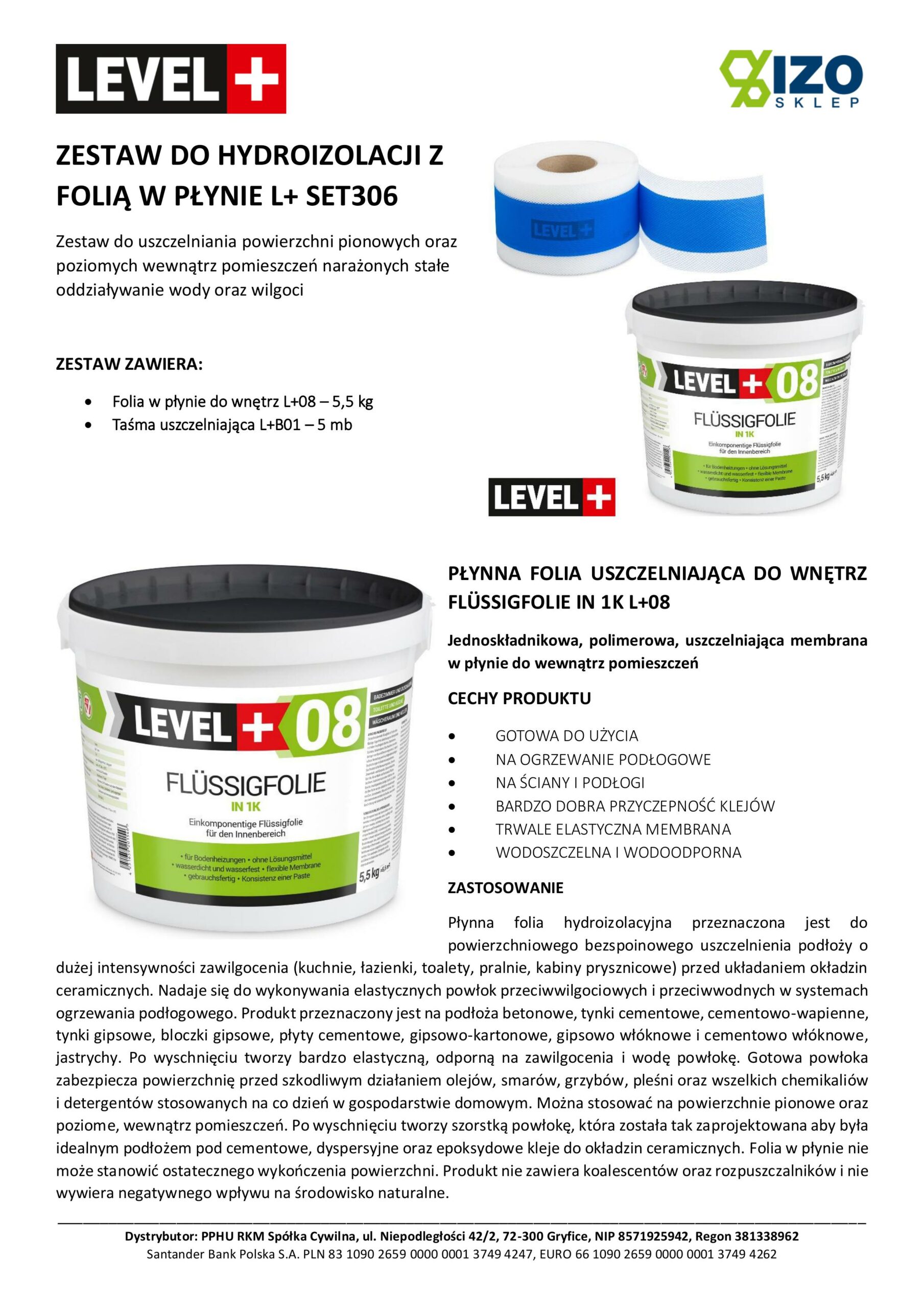 Zestaw do Hydroizolacji Folia w płynie 5,5kg Taśma uszczelniająca 5mb Łazienka Prysznic - LEVEL+ SET306 - obrazek 4