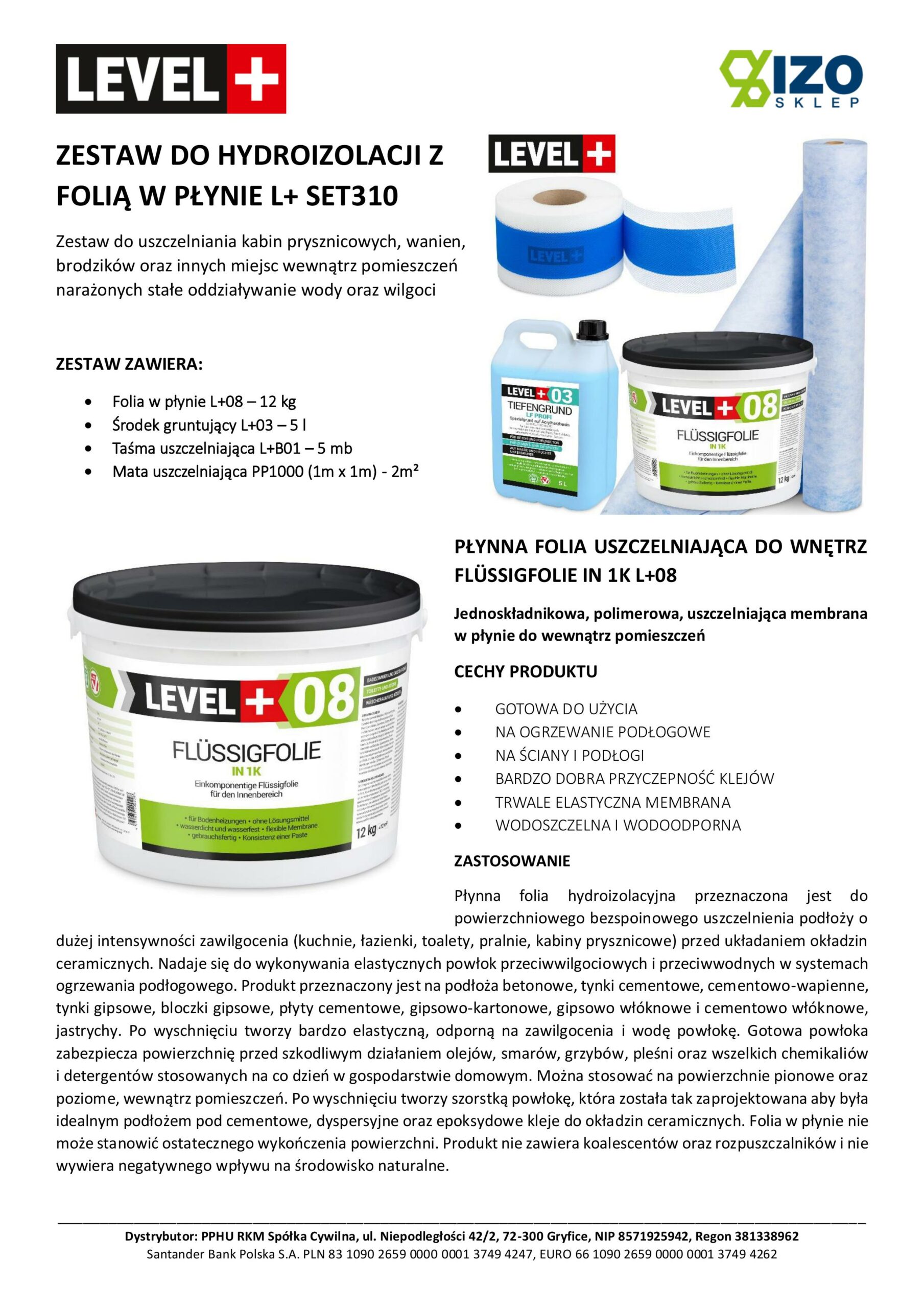 Zestaw do Hydroizolacji Folia w Płynie 12kg Taśma uszczelniająca 5mb Mata 2mb Środek Gruntujący Łazienka Prysznic - LEVEL+ SET310 - obrazek 6