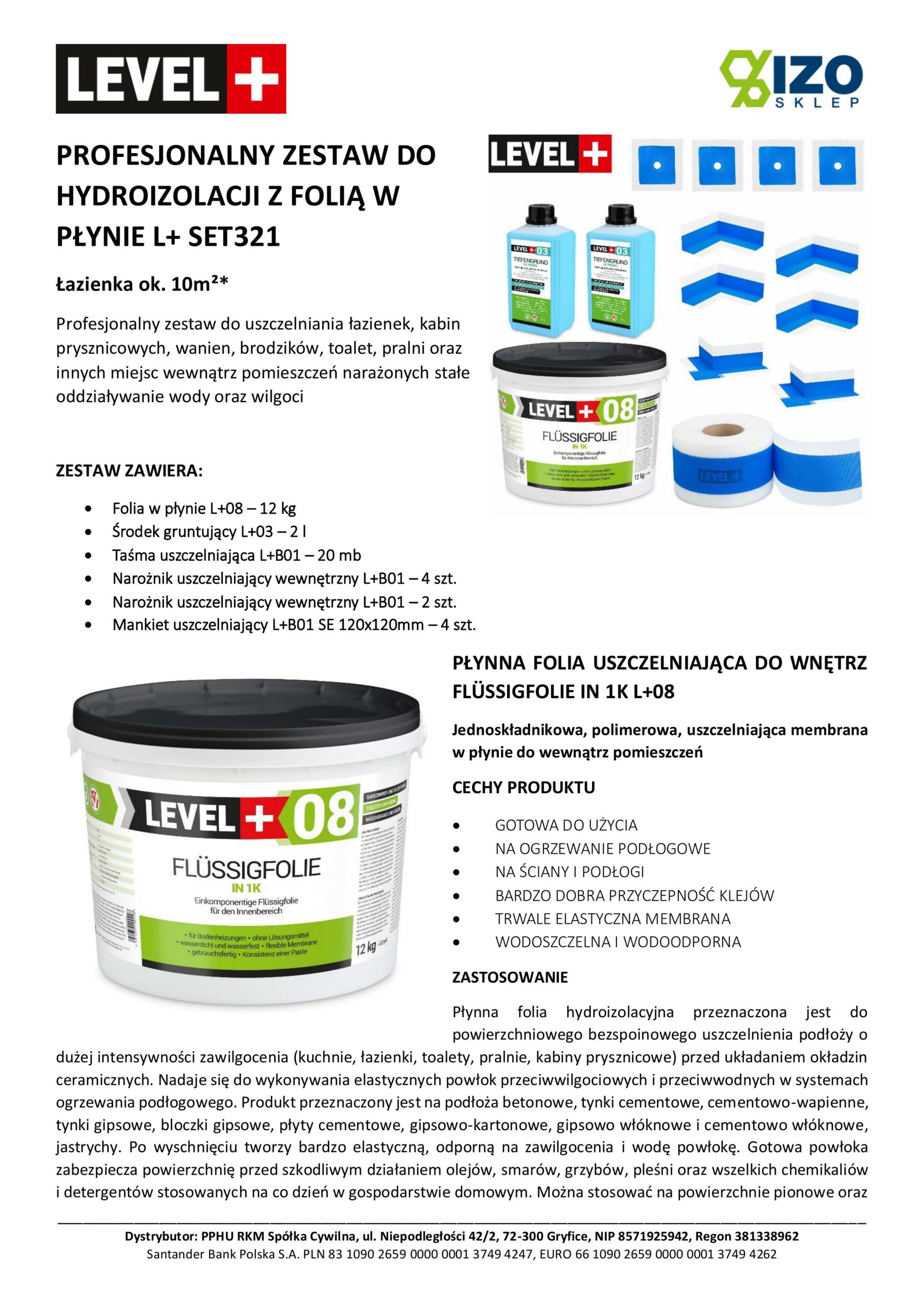 Zestaw do Hydroizolacji Folia w Płynie 12kg Taśma uszczelniająca 20mb Środek Gruntujący Łazienka Prysznic - LEVEL+ SET321 - obrazek 8