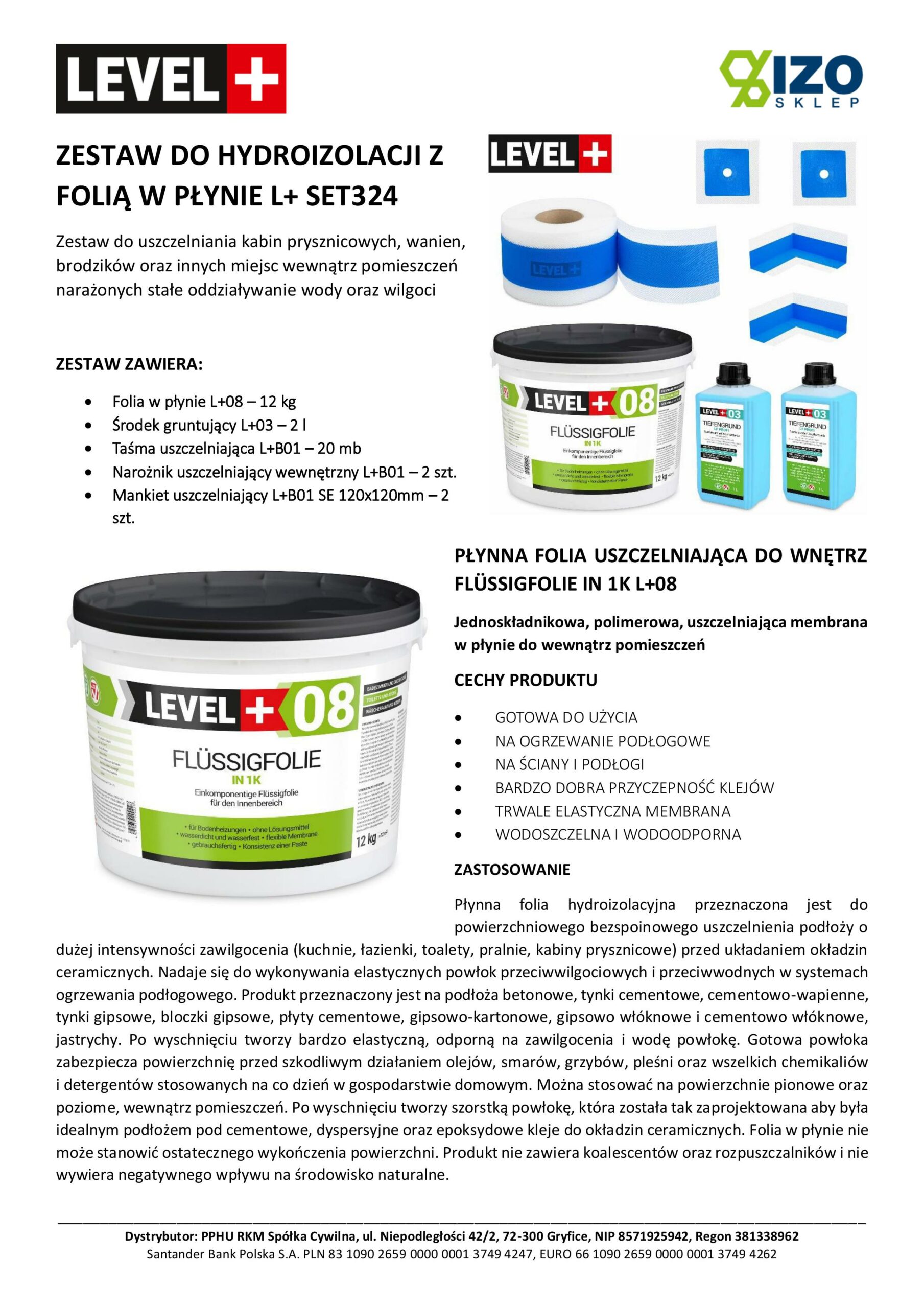 Zestaw do Hydroizolacji Folia w Płynie 12kg Taśma uszczelniająca 20mb Środek Gruntujący Łazienka Prysznic - LEVEL+ SET324 - obrazek 7