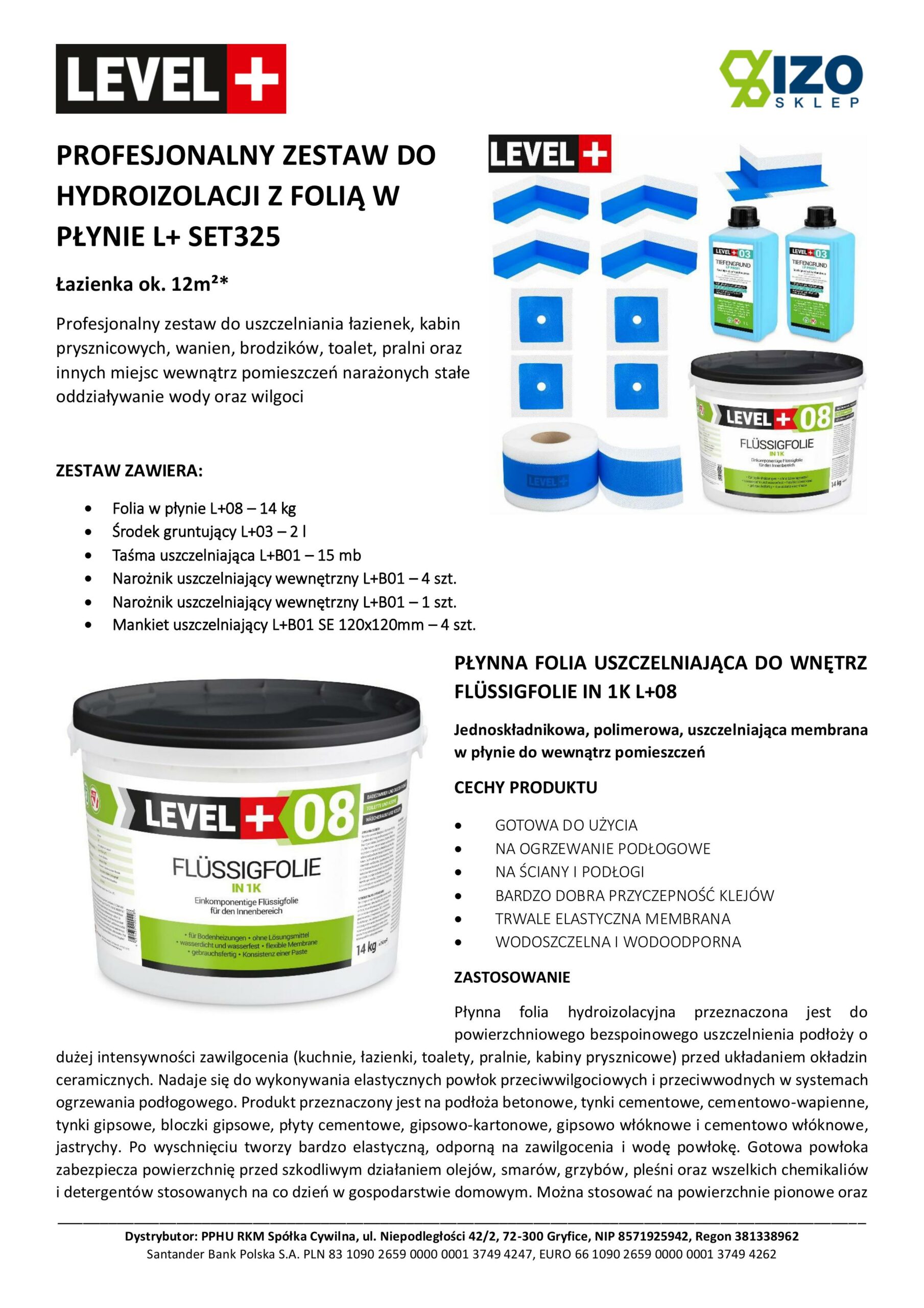 Zestaw do Hydroizolacji Folia w Płynie 14kg Taśma uszczelniająca 15mb Środek Gruntujący 2l Łazienka Prysznic - LEVEL+ SET325 - obrazek 8