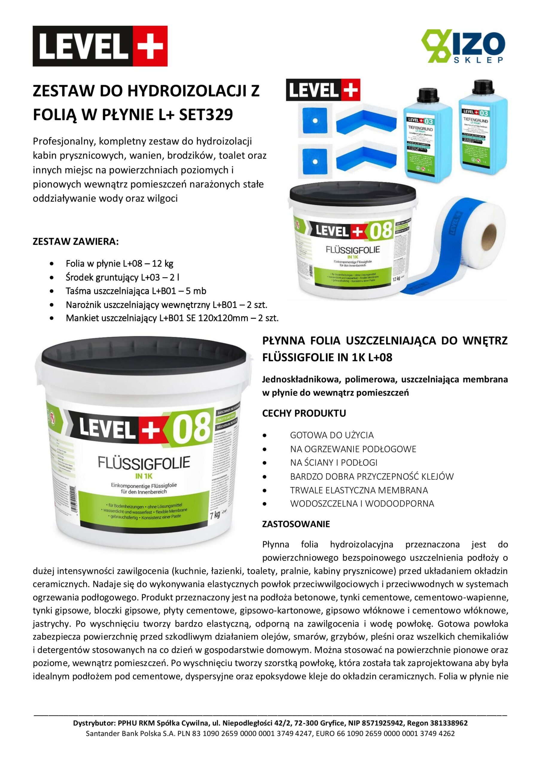 Zestaw do Hydroizolacji Folia w Płynie 12kg Taśma uszczelniająca 5mb Środek Gruntujący 1l Łazienka Prysznic - LEVEL+ SET329 - obrazek 7