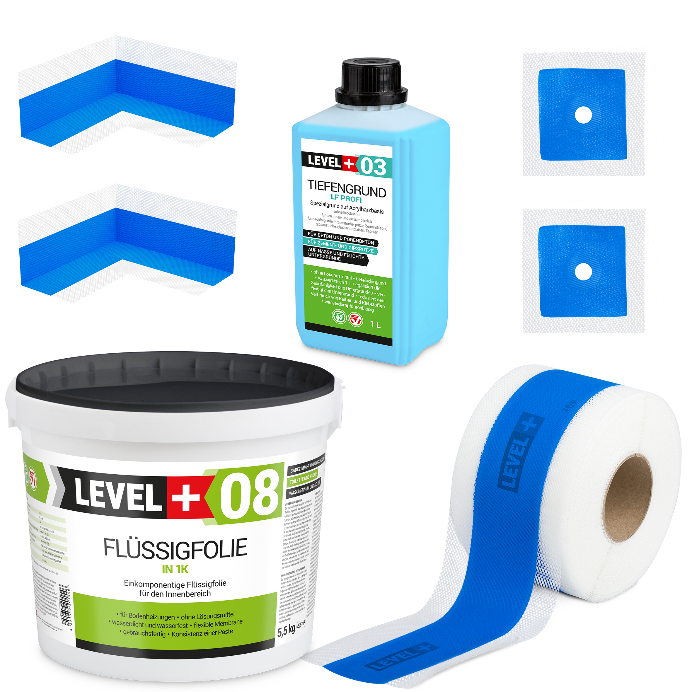 Zestaw do Hydroizolacji Folia w Płynie 5,5kg Taśma uszczelniająca 5mb Środek Gruntujący Łazienka Prysznic - LEVEL+ SET301