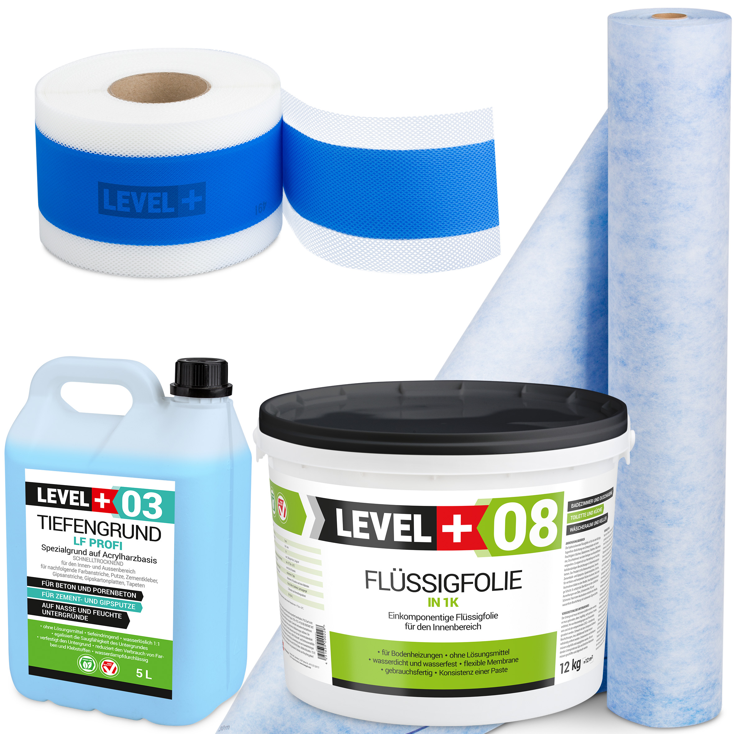 Zestaw do Hydroizolacji Folia w Płynie 12kg Taśma uszczelniająca 5mb Mata 2mb Środek Gruntujący Łazienka Prysznic - LEVEL+ SET310