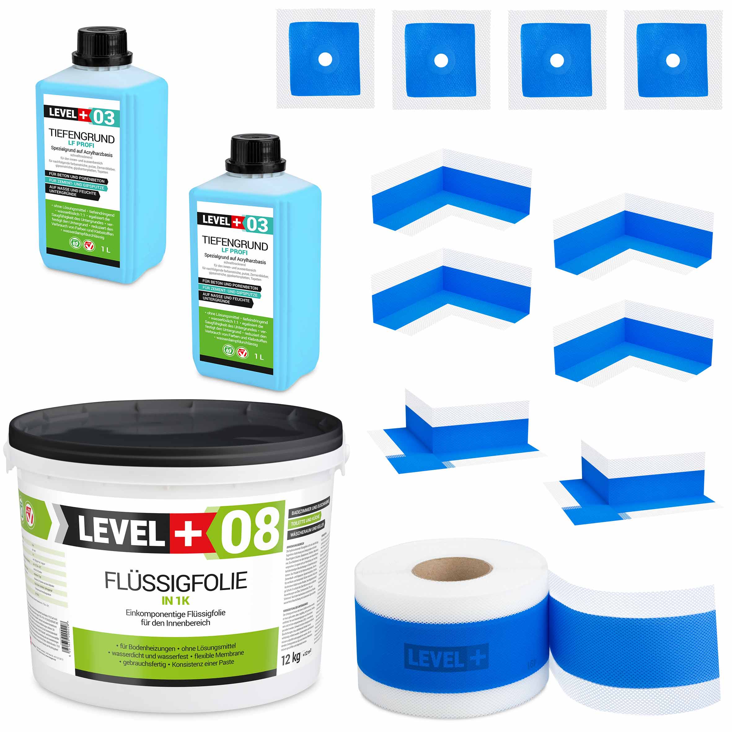 Zestaw do Hydroizolacji Folia w Płynie 12kg Taśma uszczelniająca 20mb Środek Gruntujący Łazienka Prysznic - LEVEL+ SET321