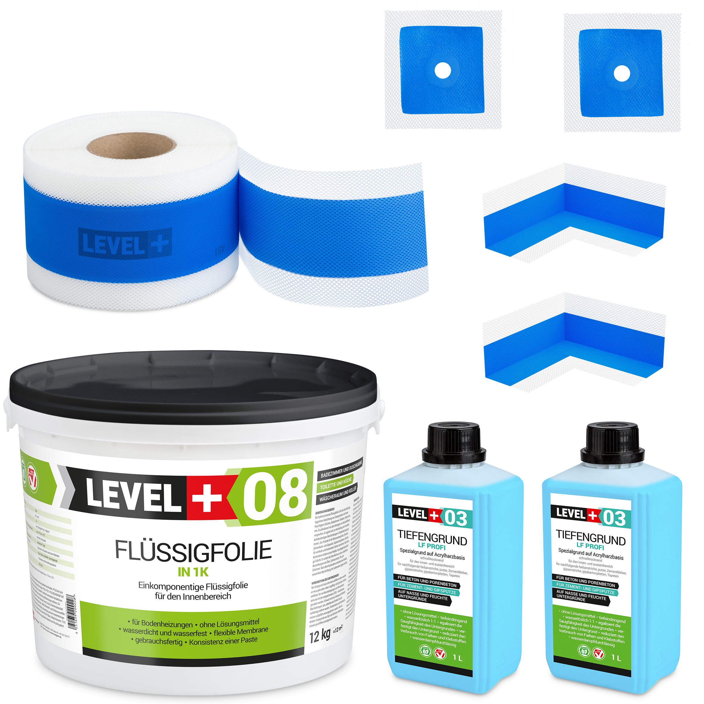 Zestaw do Hydroizolacji Folia w Płynie 12kg Taśma uszczelniająca 20mb Środek Gruntujący Łazienka Prysznic - LEVEL+ SET324