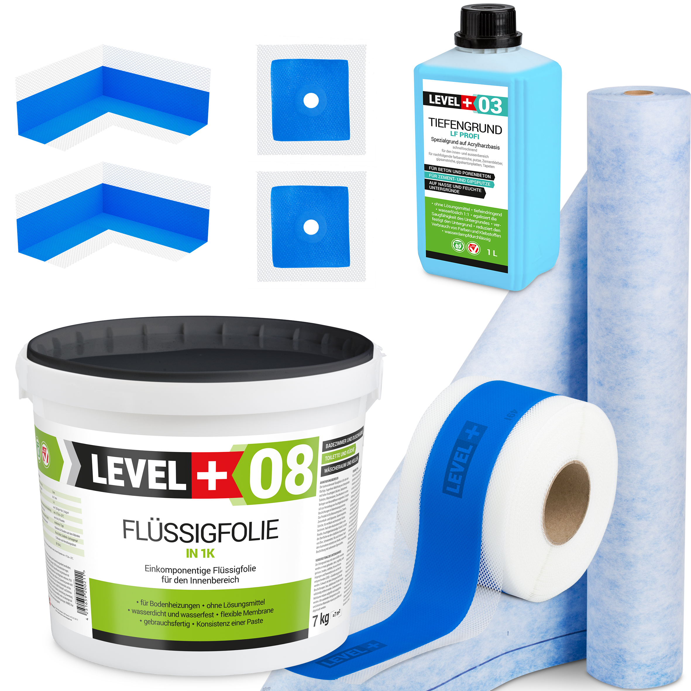 Zestaw do Hydroizolacji Folia w Płynie 7kg Taśma uszczelniająca 5mb Mata 2mb Środek Gruntujący Prysznic - LEVEL+ SET328