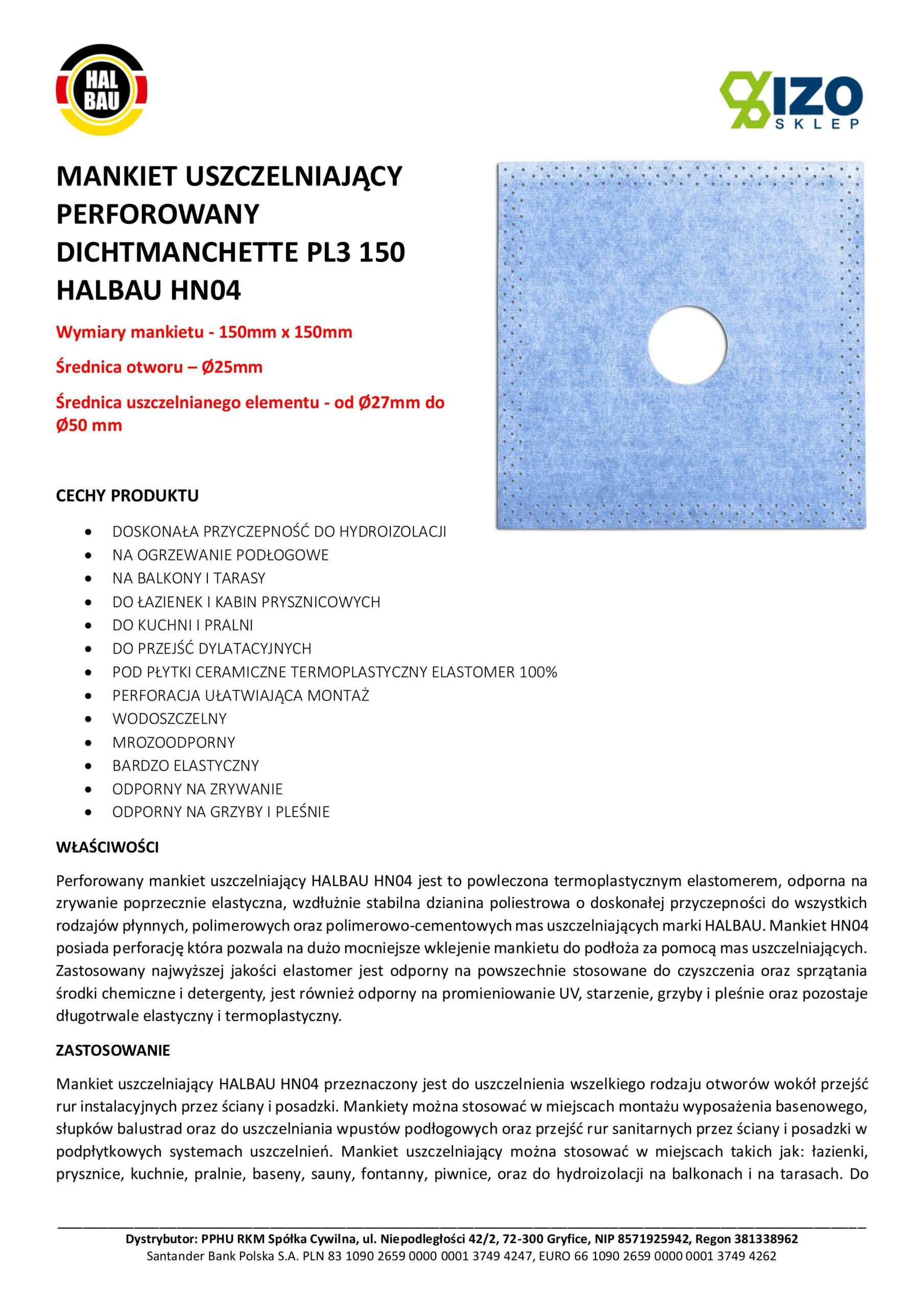 Mankiet Uszczelniający perforowany do Hydroizolacji 150x150mm/Ø 25 10 szt Hydroizolacja Łazienka Balkon Taras PL3 HALBAU HN04 - obrazek 2