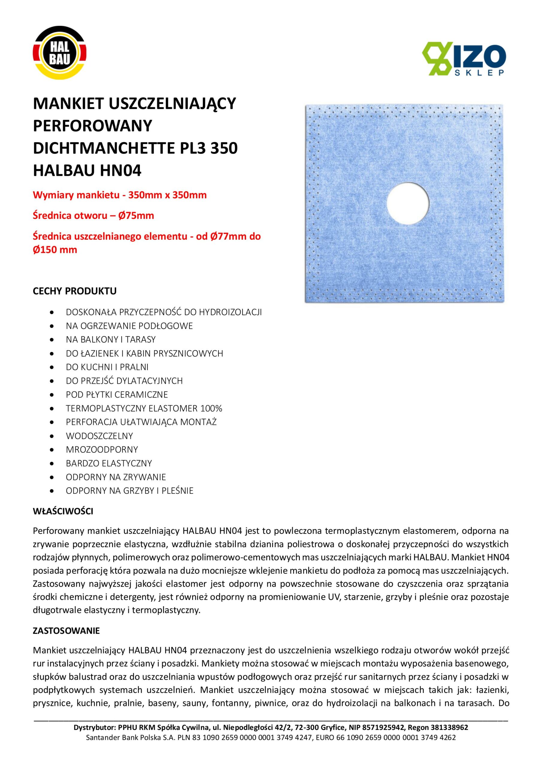 Mankiet Uszczelniający perforowany do Hydroizolacji 350x350mm/Ø 75 10 szt Hydroizolacja Łazienka Balkon Taras PL3 HALBAU HN04 - obrazek 2