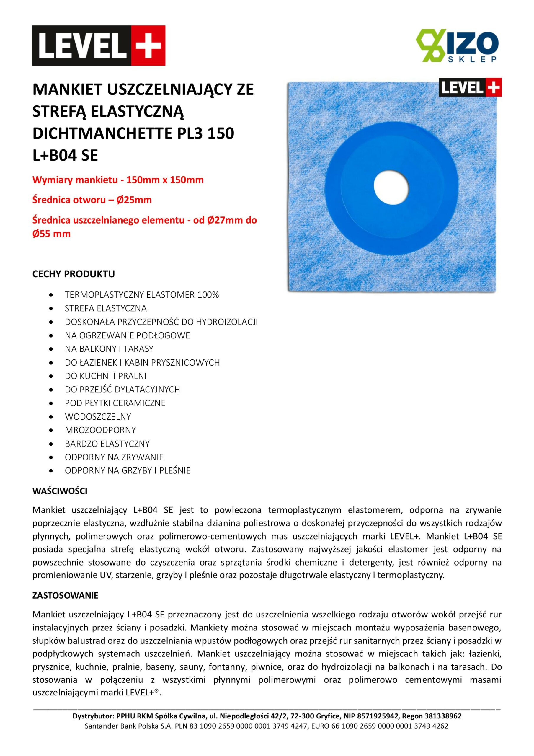 Mankiet Uszczelniający do Hydroizolacji 150x150mm Ø25 1 szt Strefa Elastyczna Łazienka Balkon Taras PL3 B04 SE LEVEL+ L+ - obrazek 2