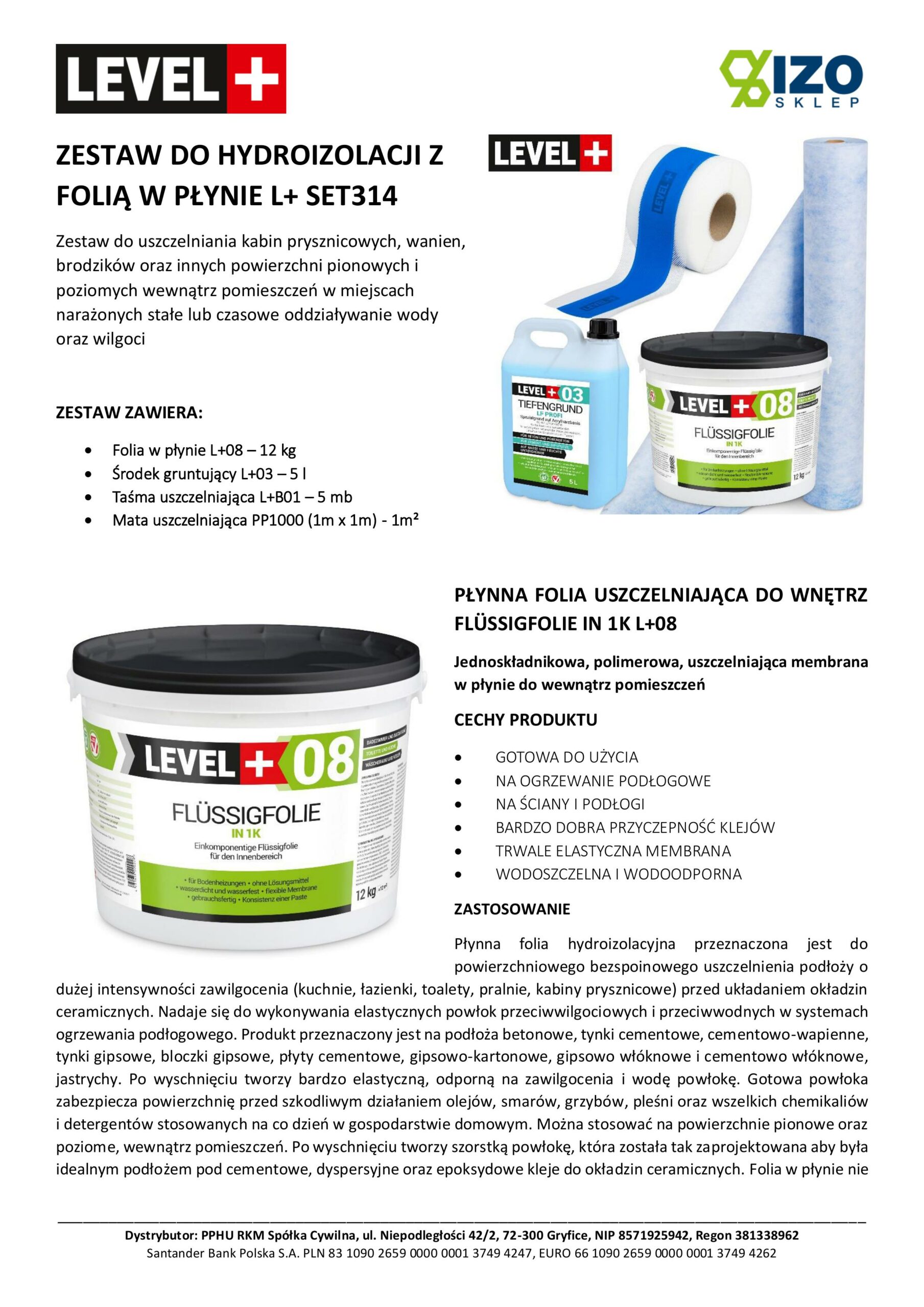 Zestaw do Hydroizolacji Folia w Płynie 12kg Taśma uszczelniająca 5mb Mata 1mb Środek Gruntujący 5l Łazienka Prysznic - LEVEL+ SET314 - obrazek 6