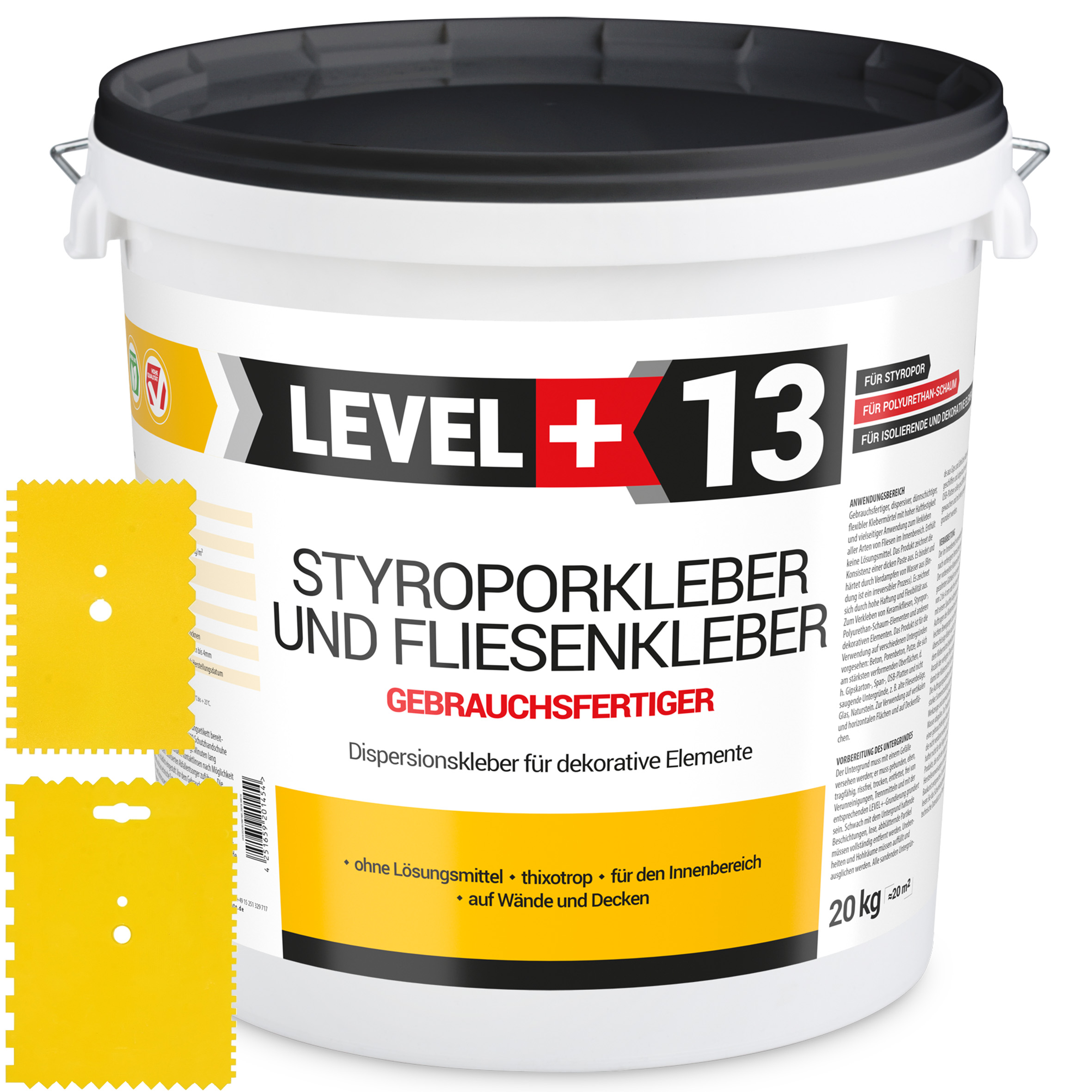 Zestaw Gotowy Klej do styropianu 20KG Biały Klej do Płytek dekoracyjnych do korka LEVEL+ L+13 i Szpachla Plastikowa Szpachla 2 szt.