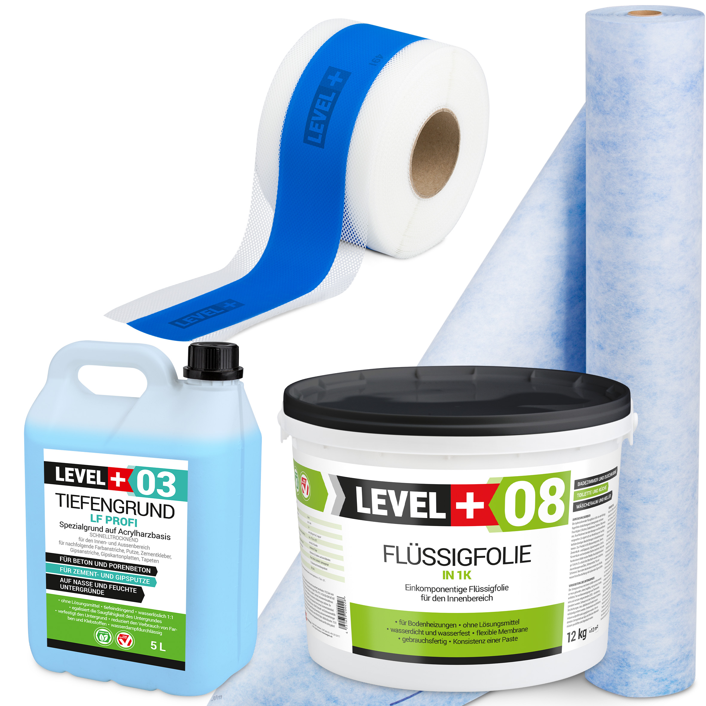 Zestaw do Hydroizolacji Folia w Płynie 12kg Taśma uszczelniająca 5mb Mata 1mb Środek Gruntujący 5l Łazienka Prysznic - LEVEL+ SET314