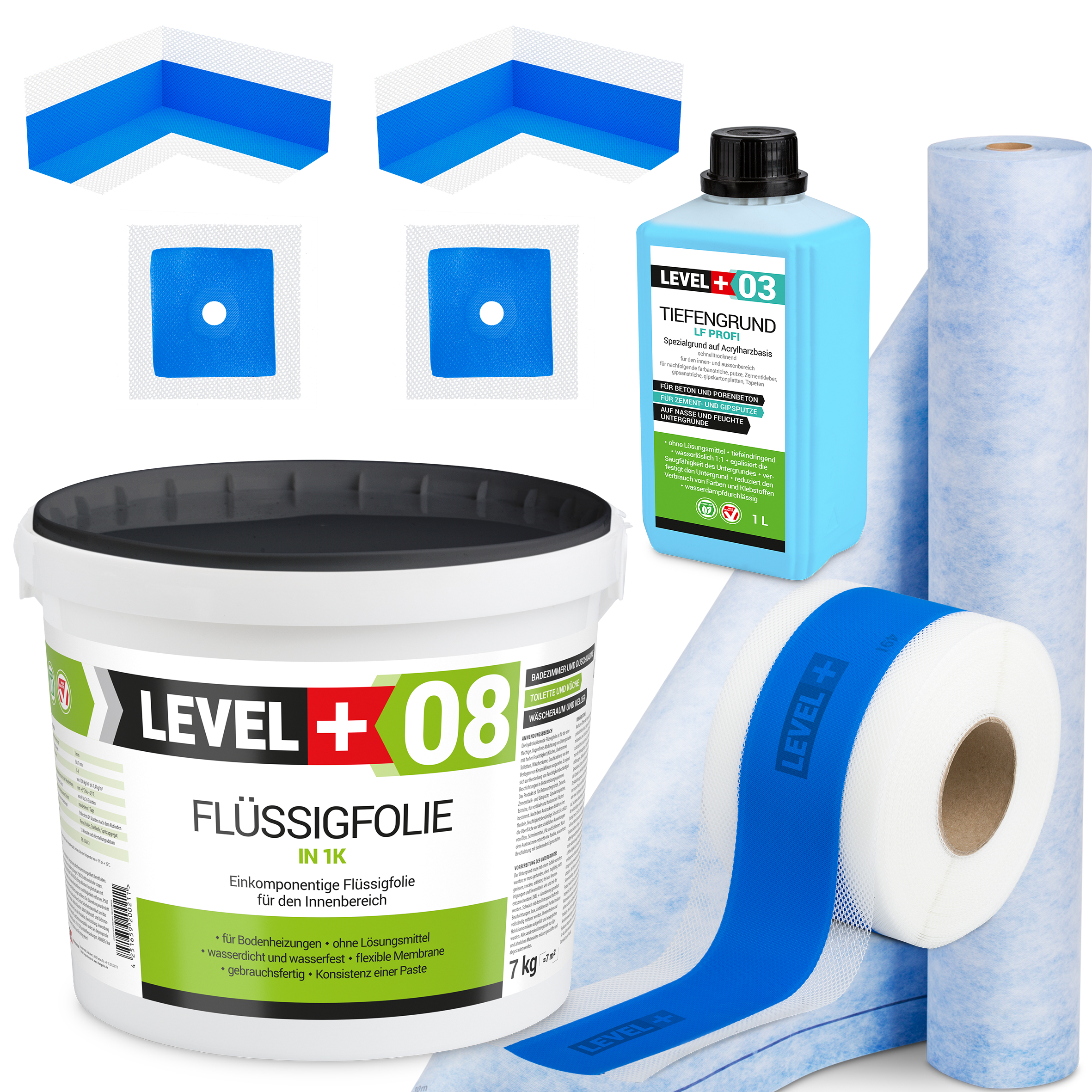 Zestaw do Hydroizolacji Folia w Płynie 7kg Taśma uszczelniająca 5mb Mata 1mb Środek Gruntujący 1l Prysznic - LEVEL+ SET344