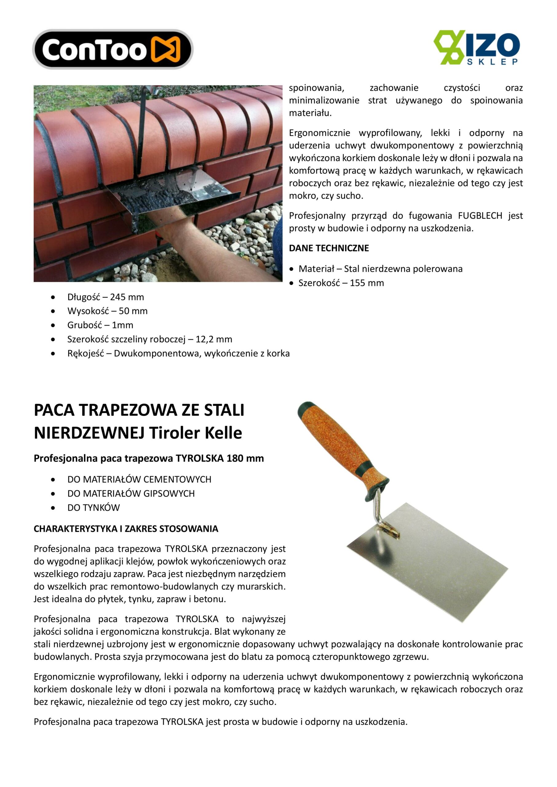 ConToo Zestaw Przyrząd do Fugowania Klinkieru Fugblech i Kielnia trapezowa 180 mm Korek - obrazek 9