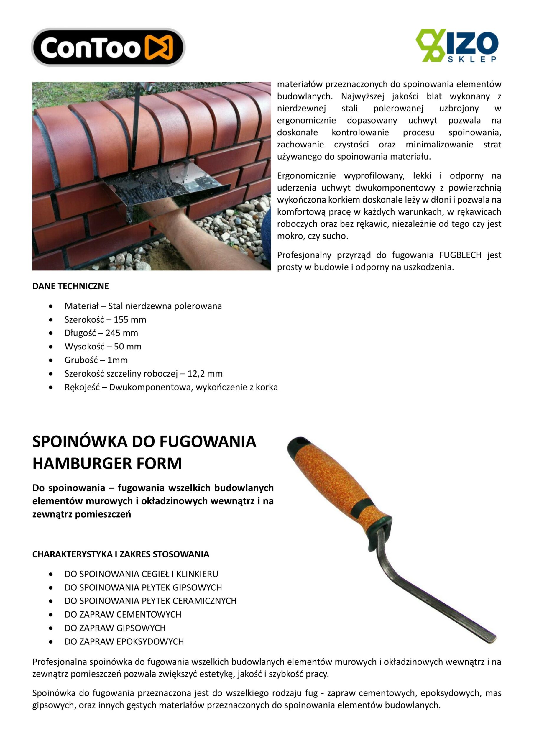 ConToo Zestaw Przyrząd do Fugowania Klinkieru Fugblech + Spoinówka 6, 8 mm Hamburger + Kielnia trapezowa 180 mm Korek - obrazek 10