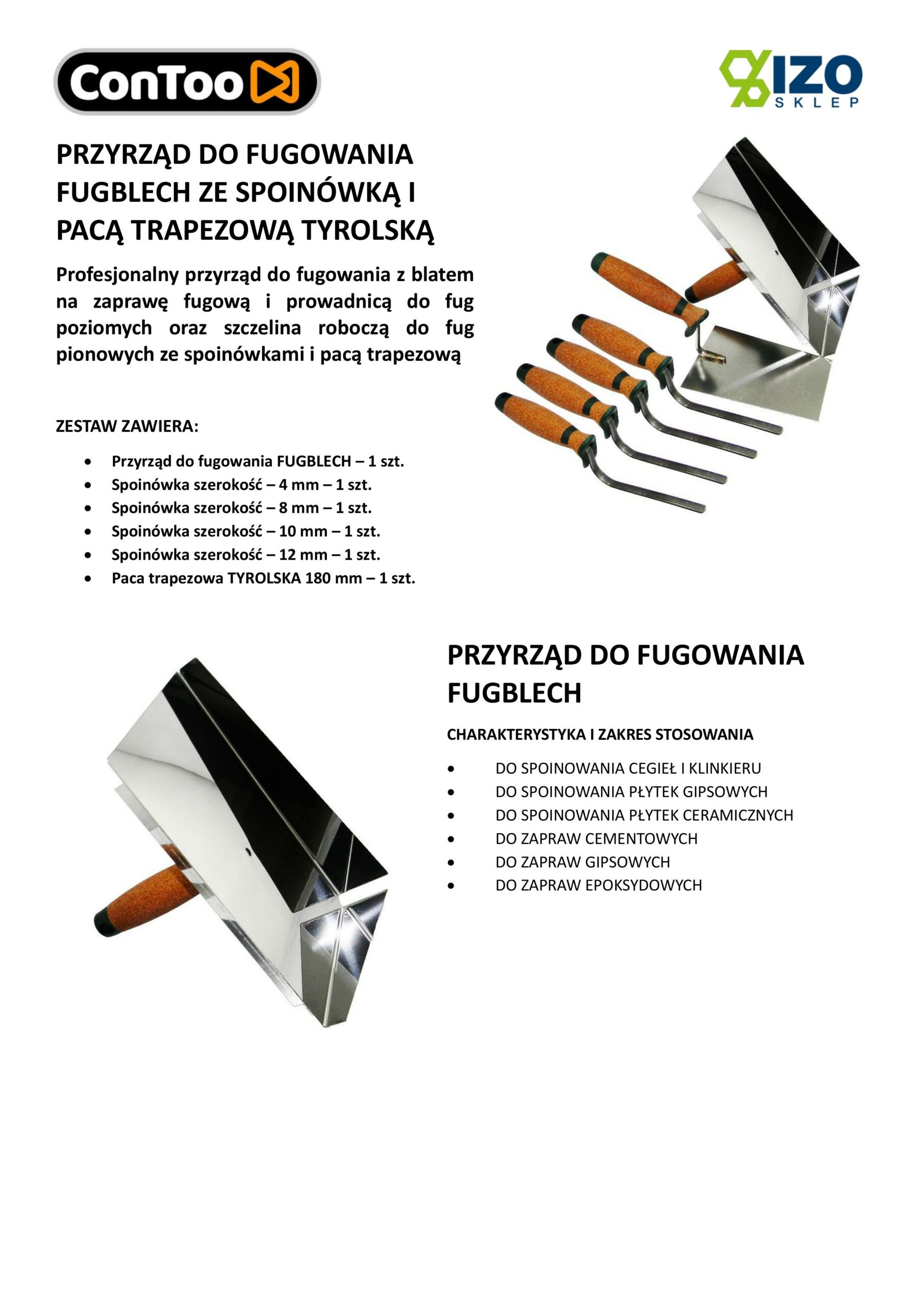 ConToo Zestaw Przyrząd do Fugowania Klinkieru Fugblech + Spoinówka 6, 8, 10, 12 mm Hamburger + Kielnia trapezowa 180 mm Korek - obrazek 9