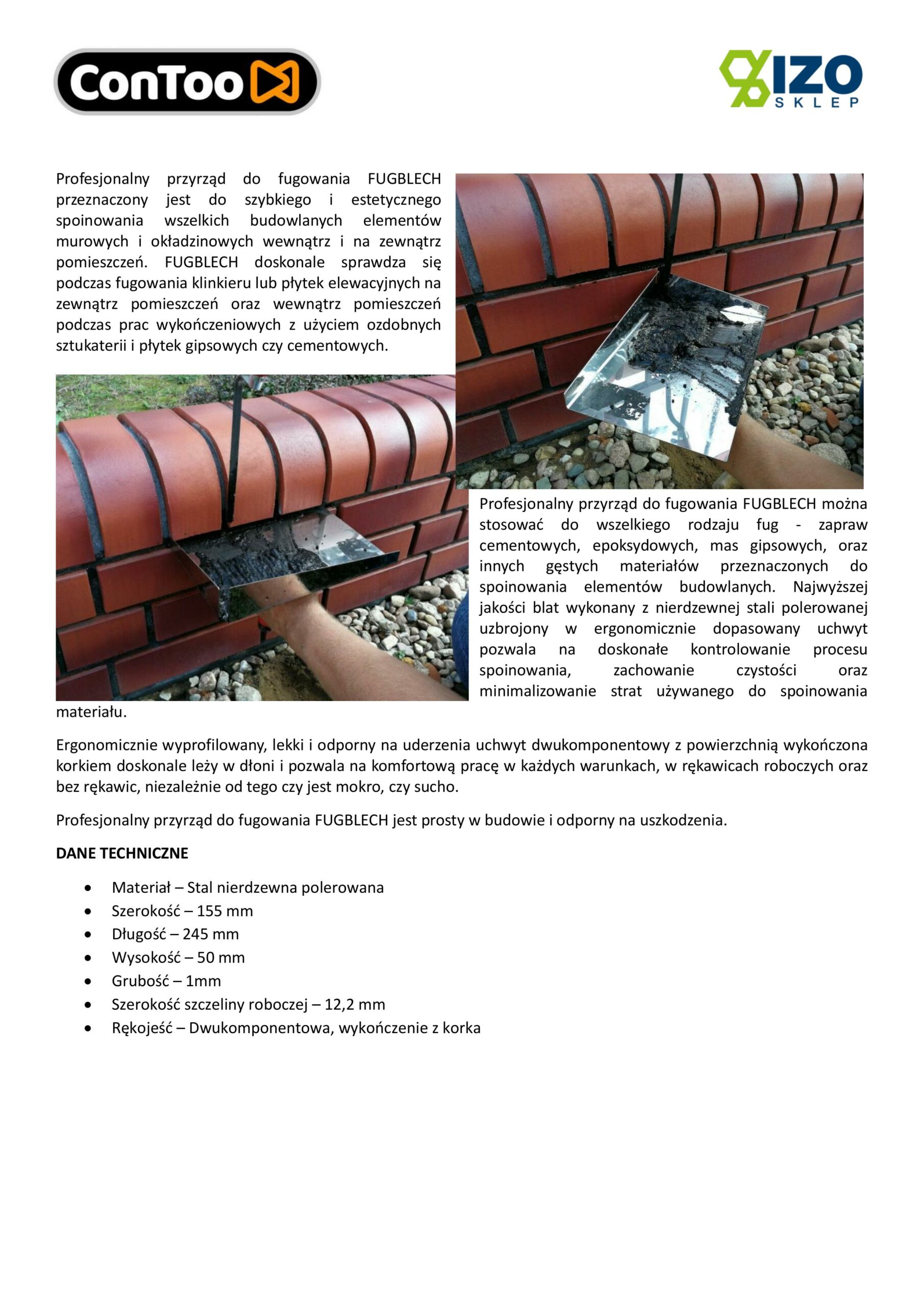 ConToo Zestaw Przyrząd do Fugowania Klinkieru Fugblech + Spoinówka 6, 8, 10, 12 mm Hamburger + Kielnia trapezowa 180 mm Korek - obrazek 10