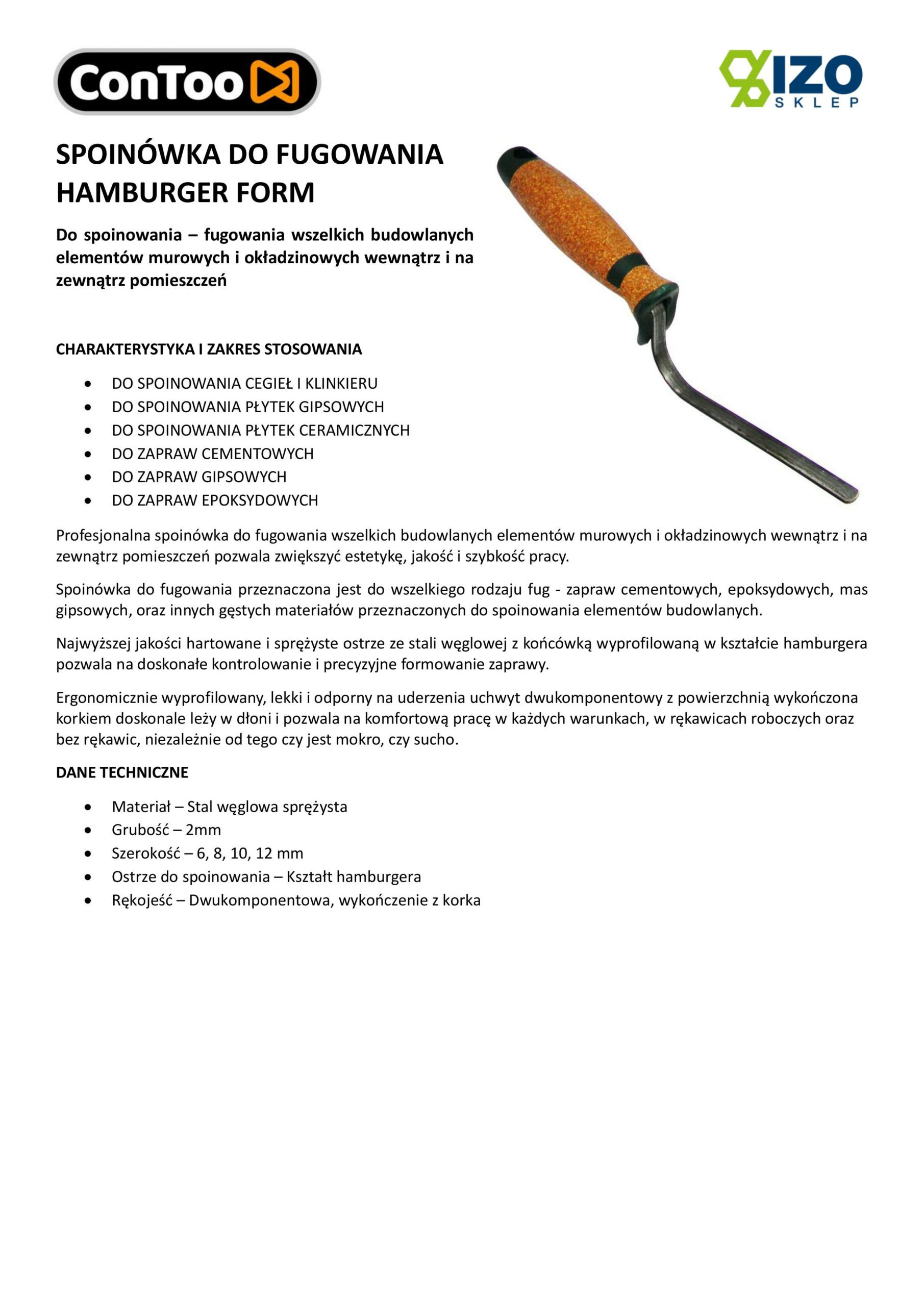 ConToo Zestaw Przyrząd do Fugowania Klinkieru Fugblech + Spoinówka 6, 8, 10, 12 mm Hamburger + Kielnia trapezowa 180 mm Korek - obrazek 11
