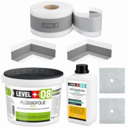Zestaw do Hydroizolacji Folia w Płynie 4kg Grunt głębokopenetrujący 1L Taśma uszczelniająca 5mb - LEVEL+ SET08