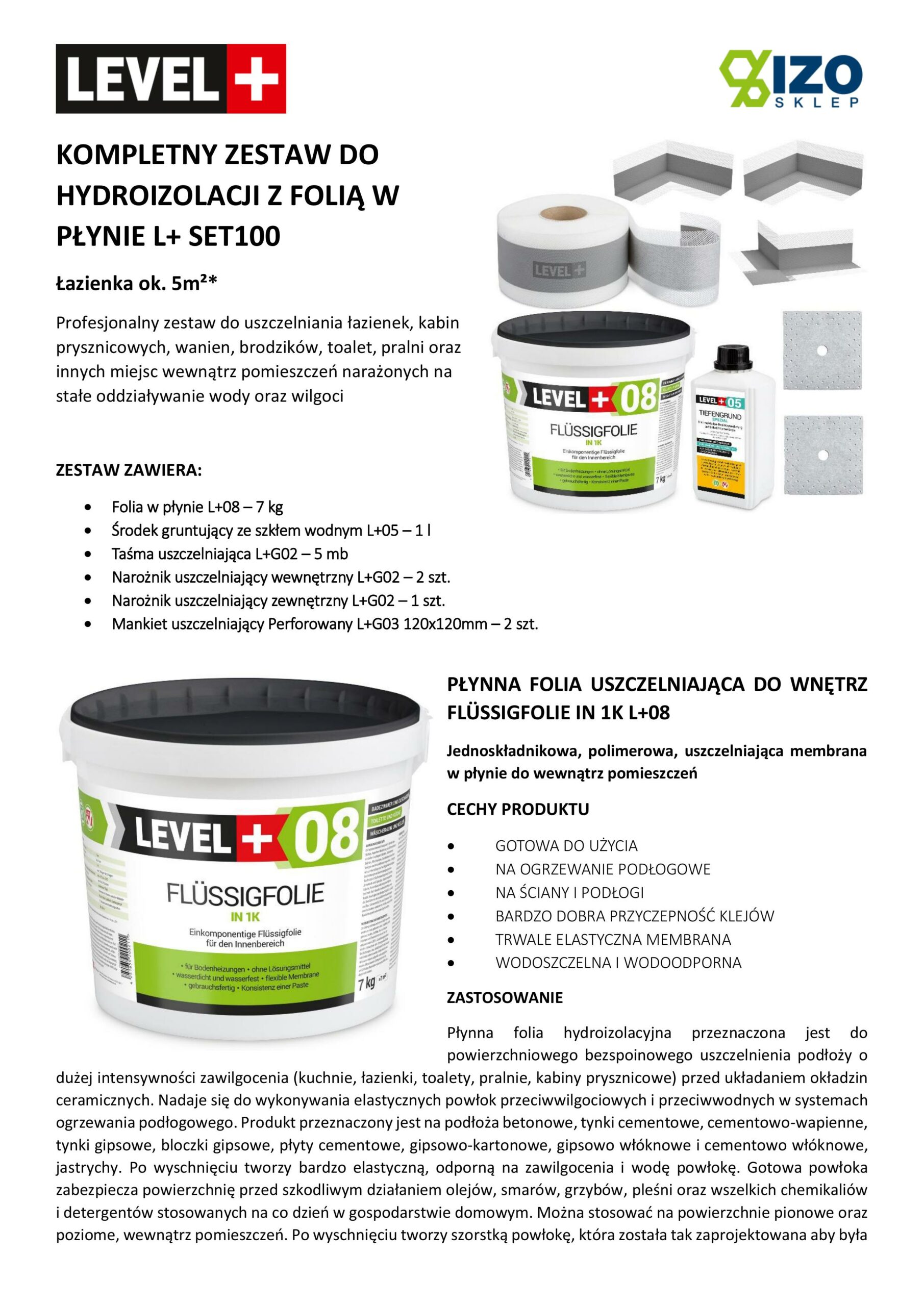 Zestaw do Hydroizolacji Folia w Płynie 7kg Taśma uszczelniająca 5mb Środek gruntujący 1L - LEVEL+ SET100 - obrazek 9