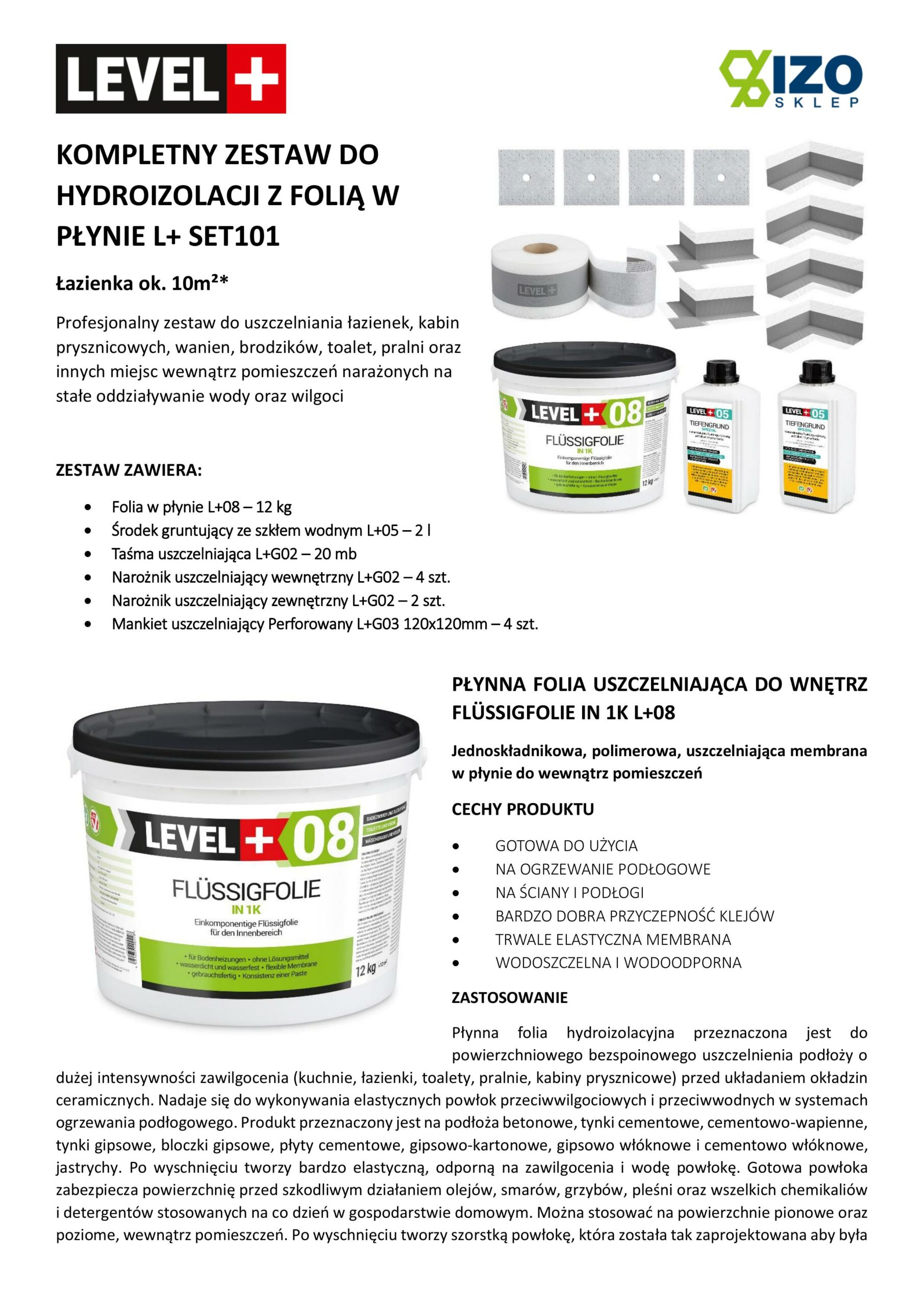 Zestaw do Hydroizolacji Folia w Płynie 12kg Taśma uszczelniająca 20mb Środek gruntujący 2L - LEVEL+ SET101 - obrazek 9