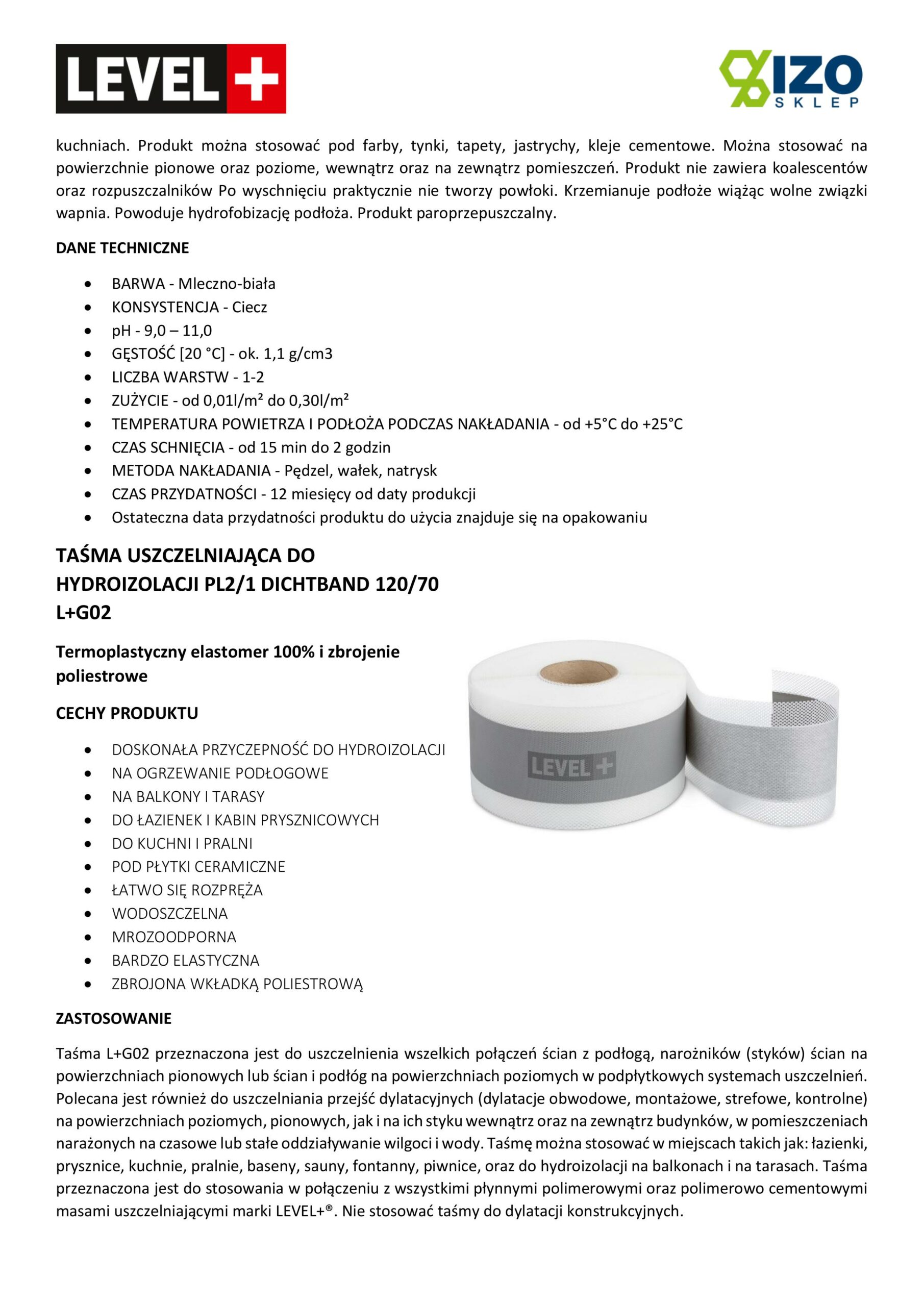 Zestaw do Hydroizolacji Folia w Płynie 12kg Taśma uszczelniająca 20mb Środek gruntujący 2L - LEVEL+ SET101 - obrazek 11