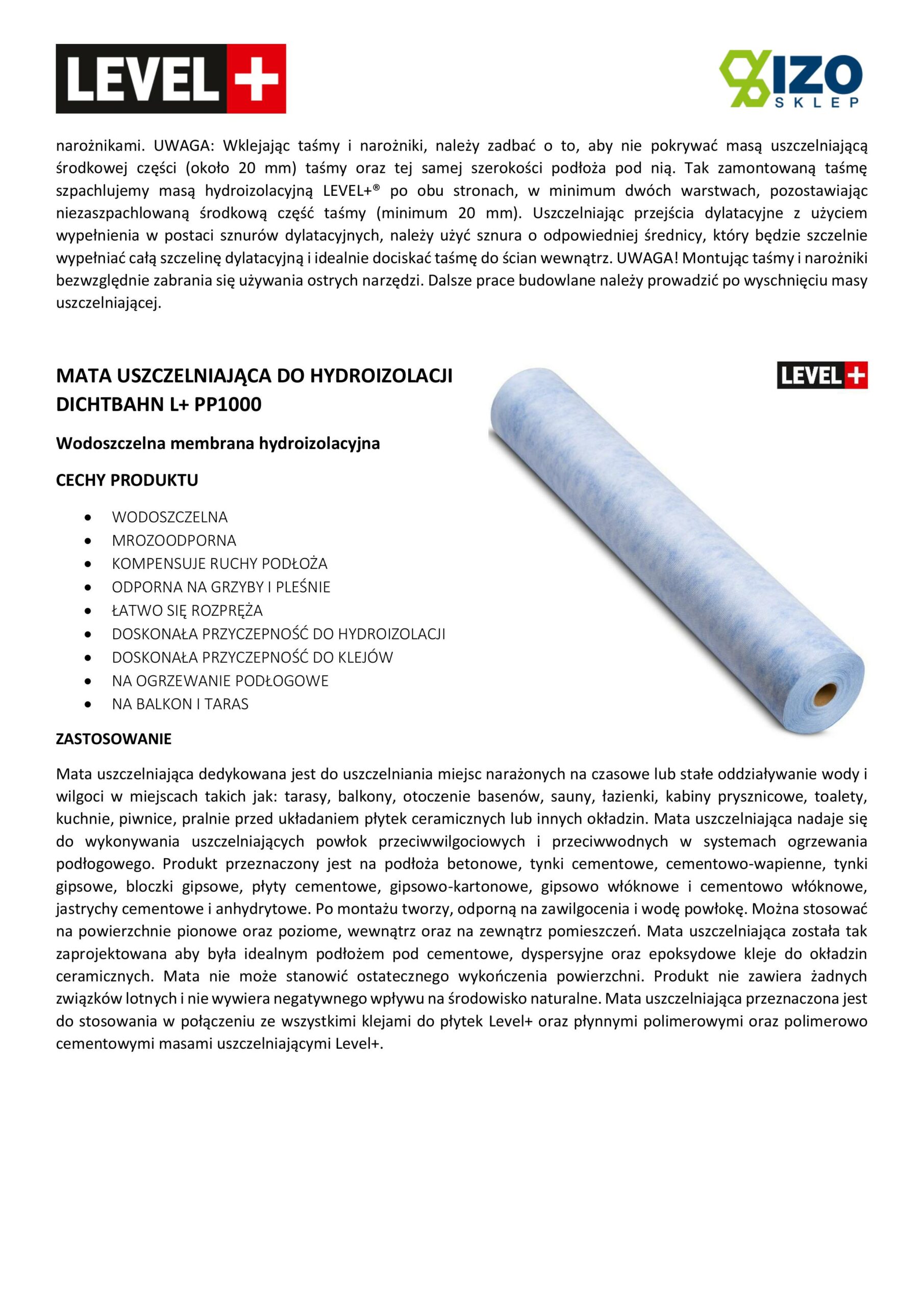 Zestaw do Hydroizolacji Folia w Płynie 12kg Taśma uszczelniająca 10mb Środek gruntujący 2L Mata 2m² - LEVEL+ SET42 - obrazek 19