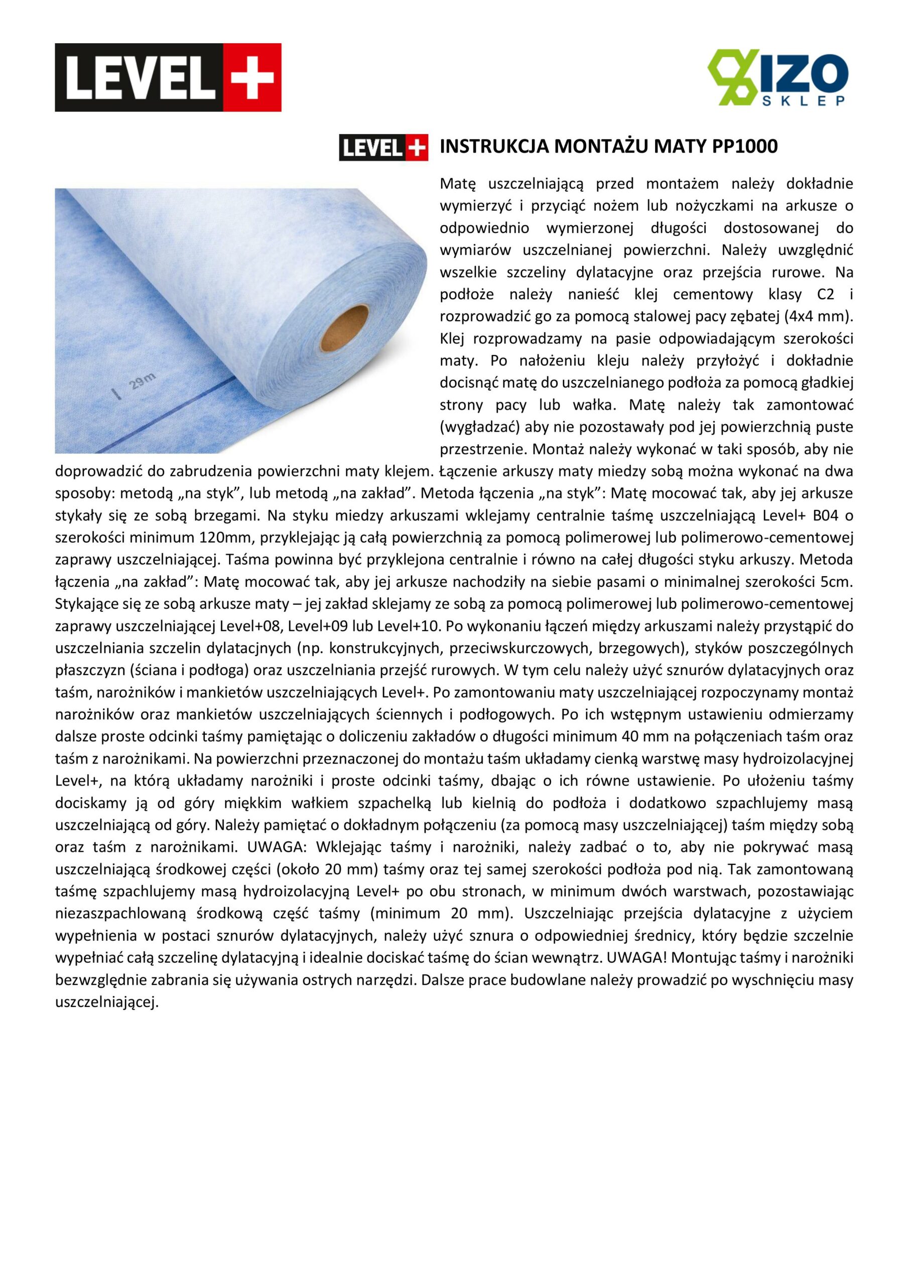 Zestaw do Hydroizolacji Folia w Płynie 12kg Taśma uszczelniająca 10mb Środek gruntujący 2L Mata 2m² - LEVEL+ SET42 - obrazek 20