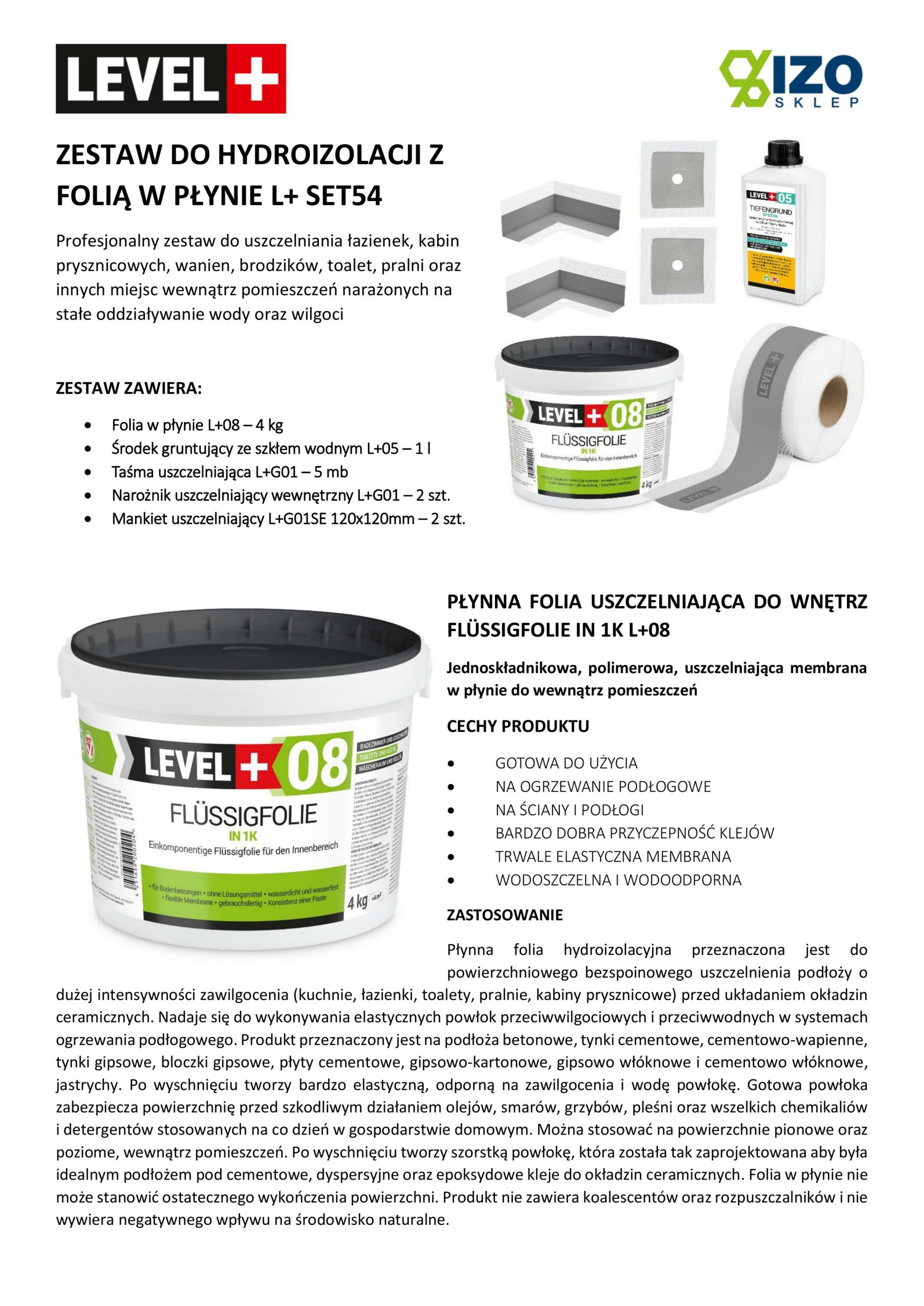 Zestaw do Hydroizolacji Folia w Płynie 4kg Taśma uszczelniająca 5mb Środek gruntujący 1L – LEVEL+ SET54 - obrazek 8