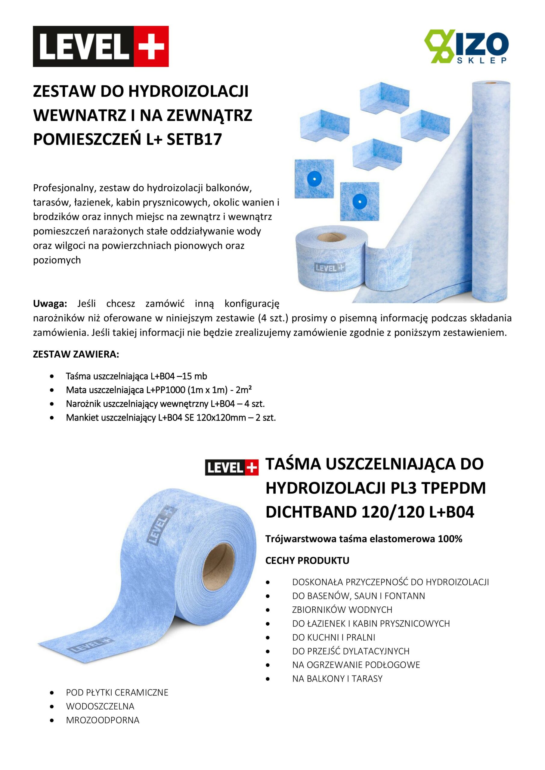 Zestaw do Hydroizolacji Taśma B04-15mb, Mata-2m, Narożniki-4szt, Mankiety 2szt, - LEVEL+ SETB17 - obrazek 14
