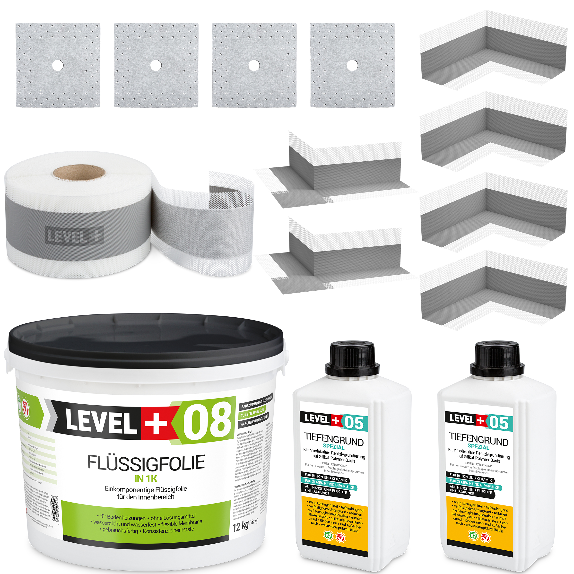 Zestaw do Hydroizolacji Folia w Płynie 12kg Taśma uszczelniająca 20mb Środek gruntujący 2L - LEVEL+ SET101