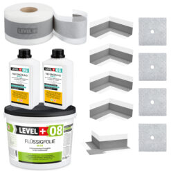 Zestaw do Hydroizolacji Folia w Płynie 9,5kg Taśma uszczelniająca 15mb Środek gruntujący 2L - LEVEL+ SET104