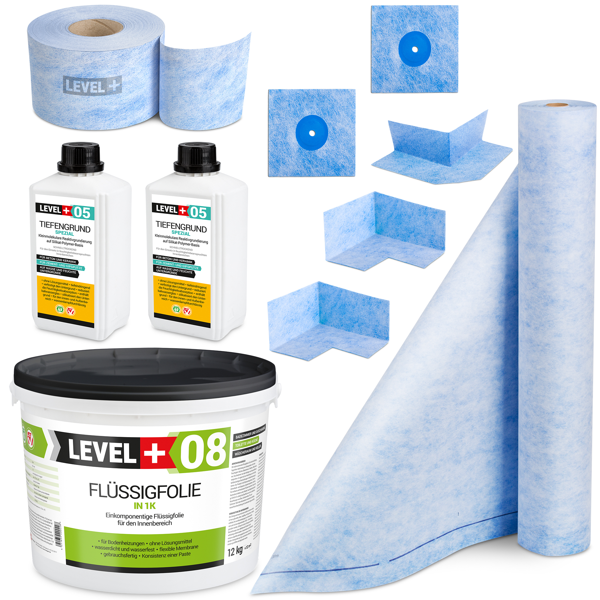 Zestaw do Hydroizolacji Folia w Płynie 12kg Taśma uszczelniająca 10mb Środek gruntujący 2L Mata 2m² - LEVEL+ SET42