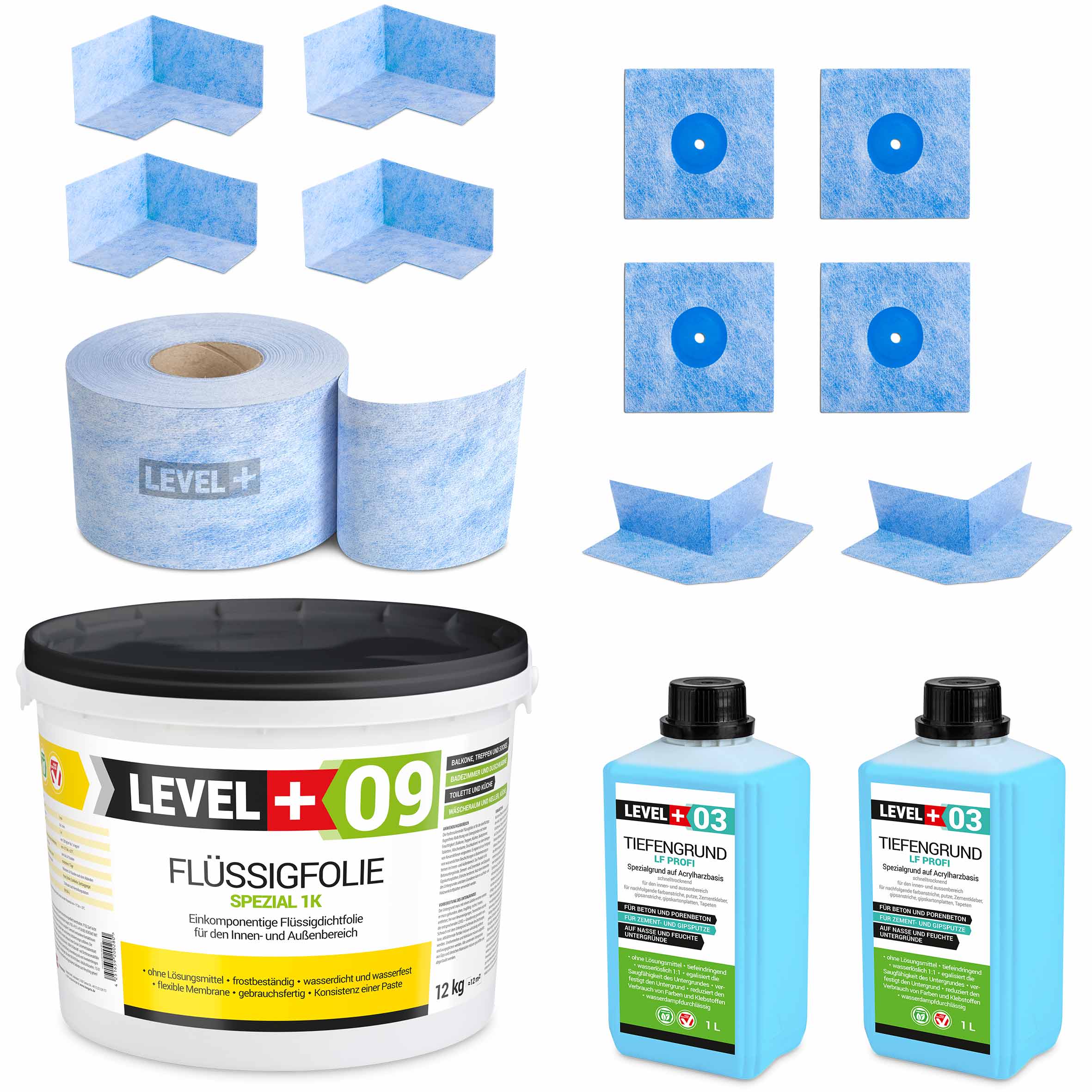 Zestaw do Hydroizolacji Folia w Płynie 12kg Taśma uszczelniająca 15mb Środek gruntujący 2L - LEVEL+ SET66