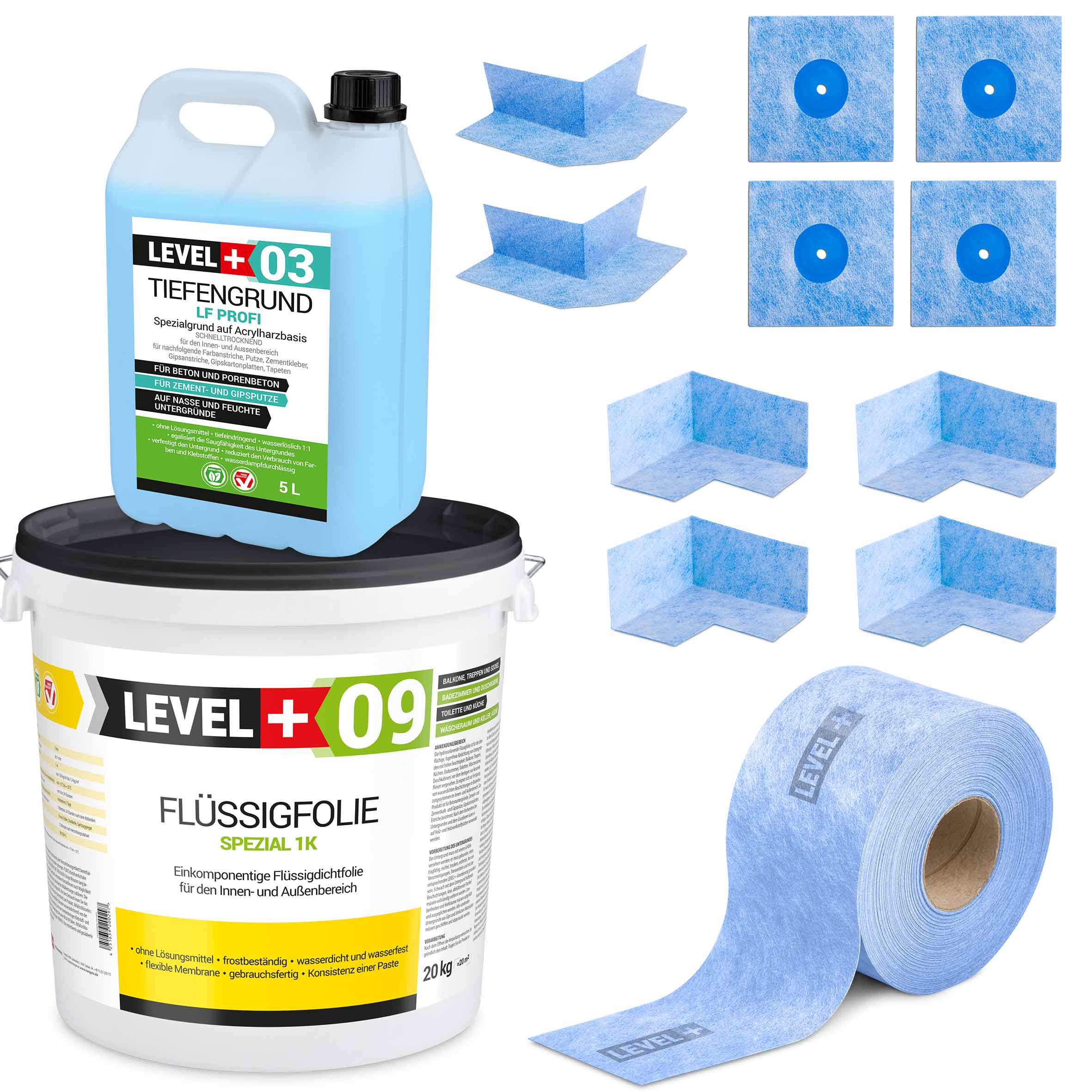 Zestaw do Hydroizolacji Folia w Płynie 20kg Taśma uszczelniająca 20mb Środek gruntujący 5L - LEVEL+ SET69