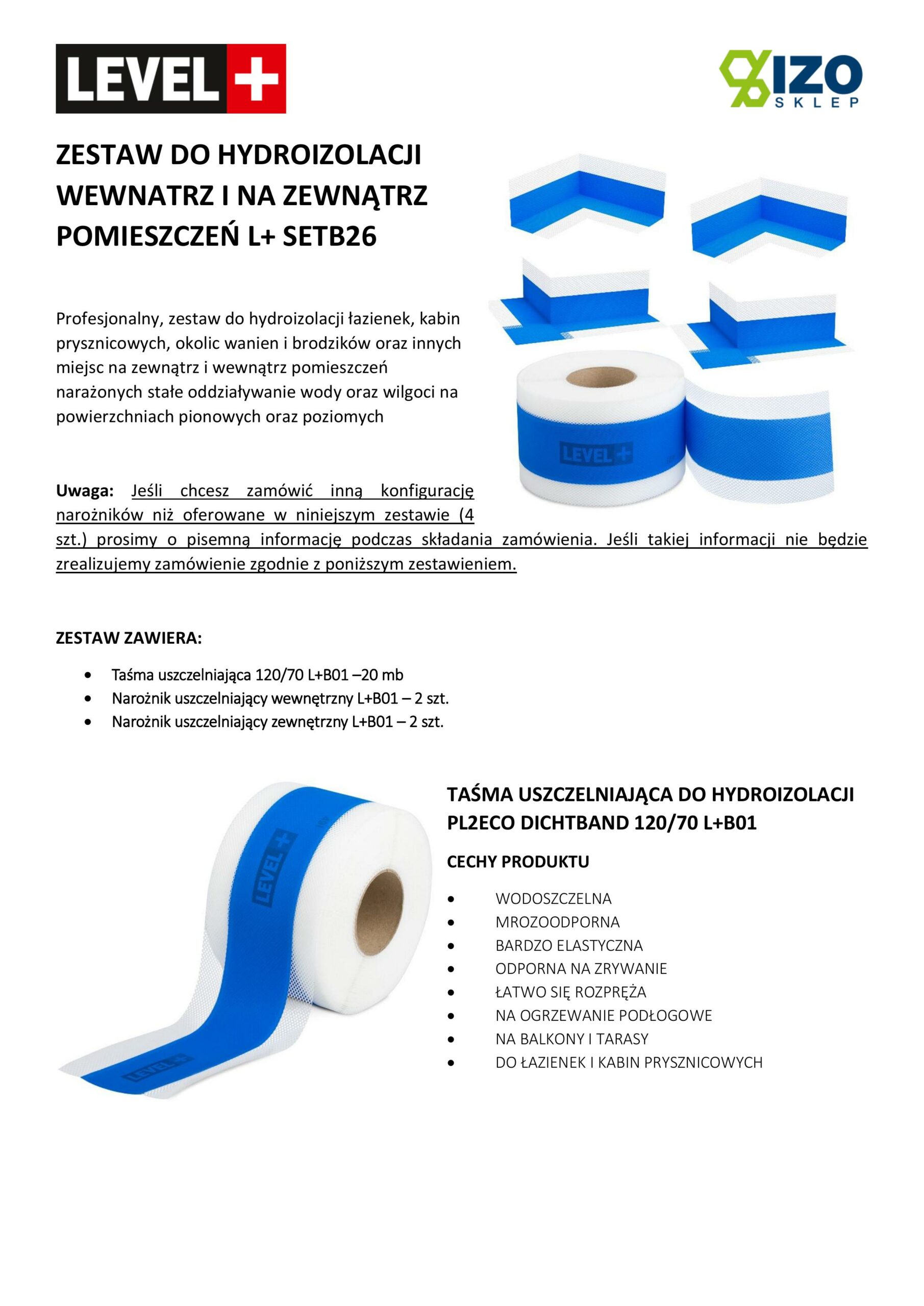 Zestaw do Hydroizolacji Prysznic Taśma Uszczelniająca B01 20mb Narożnik 4 szt - LEVEL+ SETB26 - obrazek 4