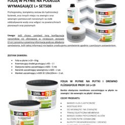 Zestaw do Hydroizolacji Folia w płynie 8kg Taśma 5mb Grunt 1L Mankiety Narożniki Balkon Łazienka LEVEL+ SET508