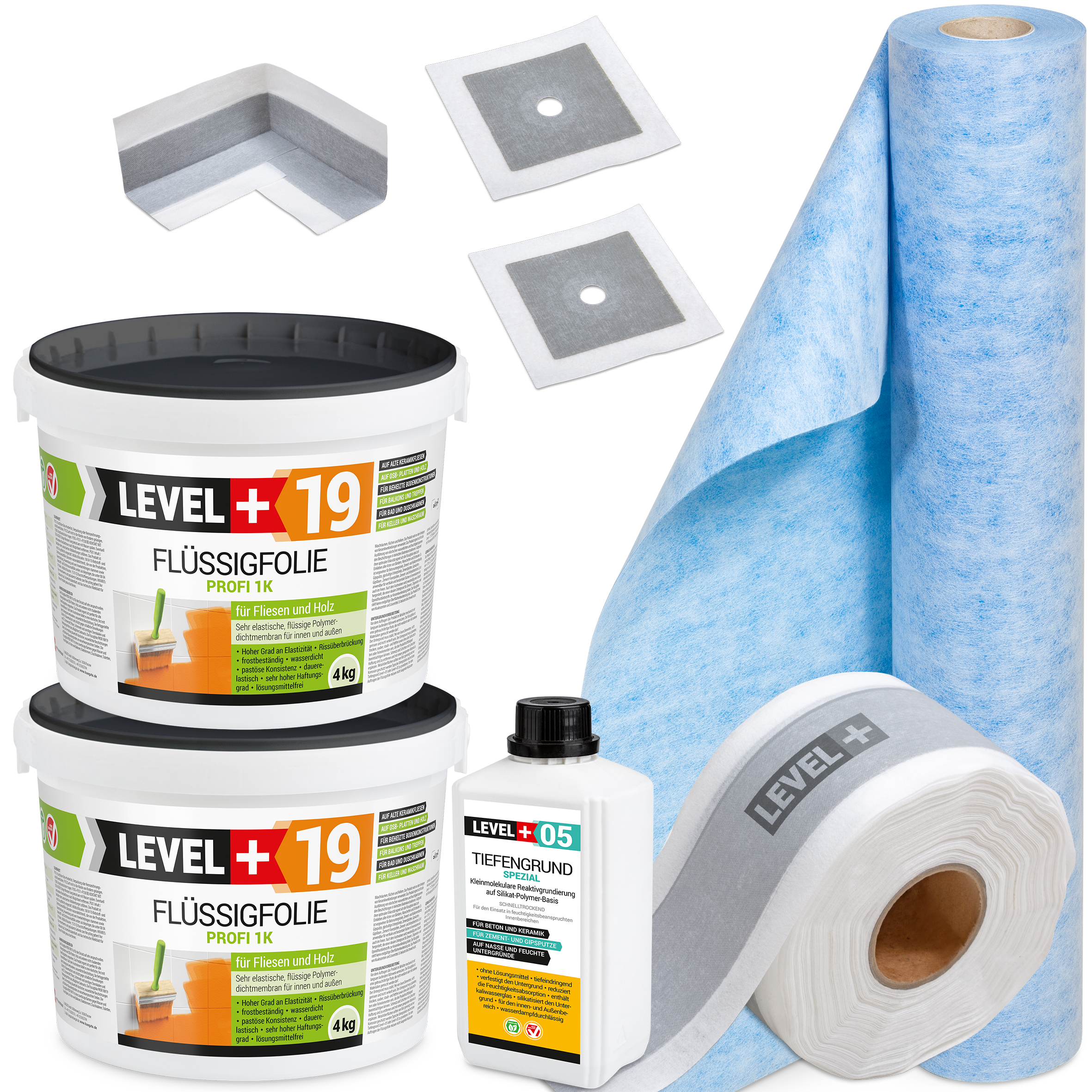 Zestaw do Hydroizolacji Folia w płynie 8kg Taśma 5mb Grunt 1L Mankiety Narożniki Balkon Łazienka LEVEL+ SET506