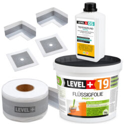 Zestaw do Hydroizolacji Folia w płynie 7kg Taśma 5mb Grunt 1L Mankiety Narożniki Balkon Łazienka LEVEL+ SET507
