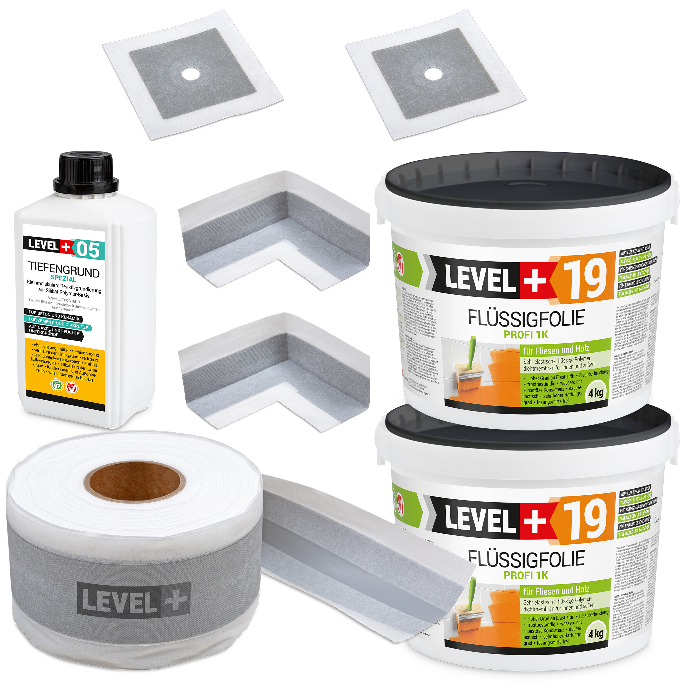 Zestaw do Hydroizolacji Folia w płynie 8kg Taśma 5mb Grunt 1L Mankiety Narożniki Balkon Łazienka LEVEL+ SET508
