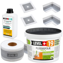 Zestaw do Hydroizolacji Folia w płynie 4kg Taśma 5mb Grunt 1L Mankiety Narożniki Balkon Łazienka LEVEL+ SET509