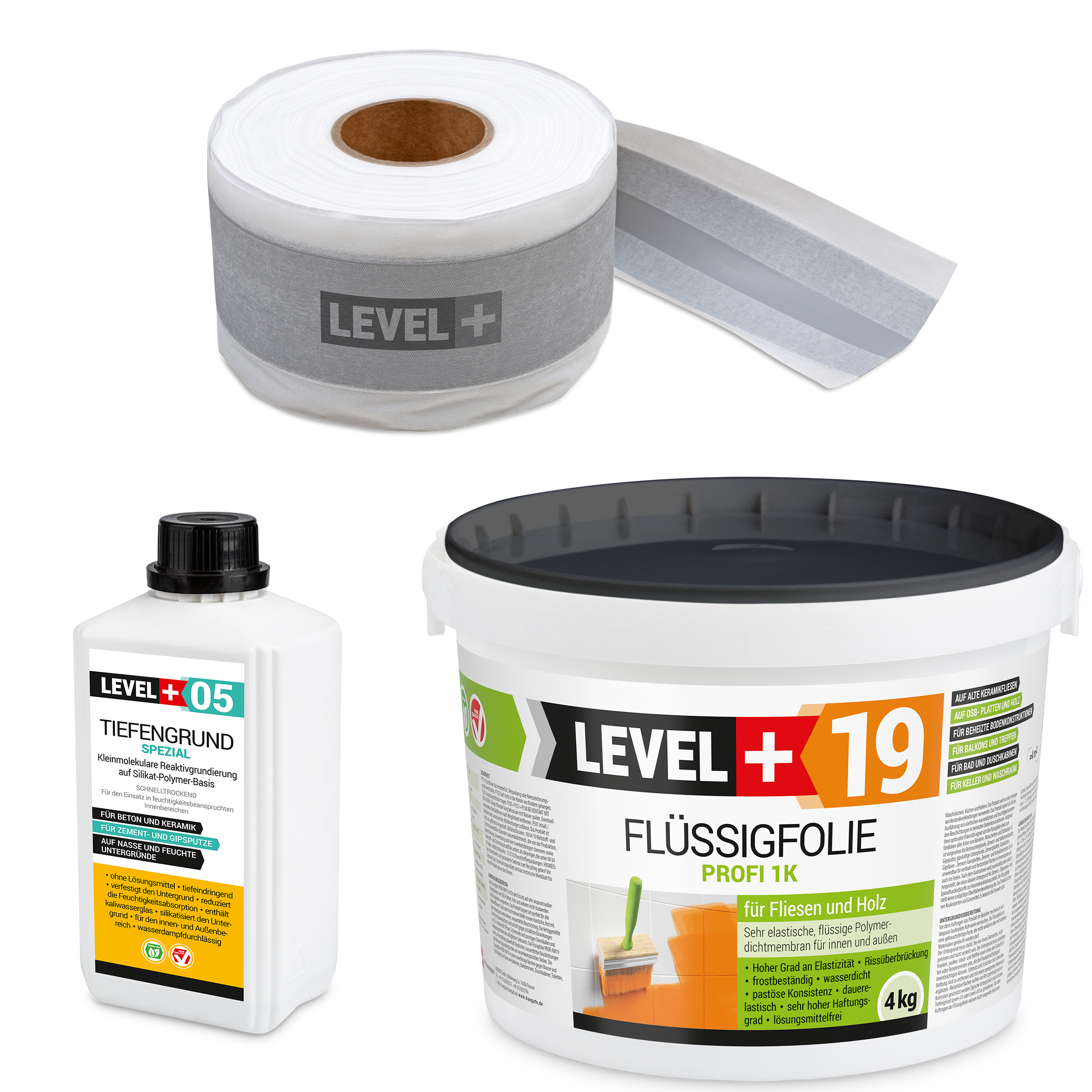 Zestaw do Hydroizolacji Folia w płynie 4kg Taśma 5mb Grunt 1L Balkon Łazienka LEVEL+ SET510