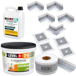 Zestaw do Hydroizolacji Folia w płynie 12kg Taśma 15mb Grunt 5L Mankiety Narożniki Łazienka LEVEL+ SET520