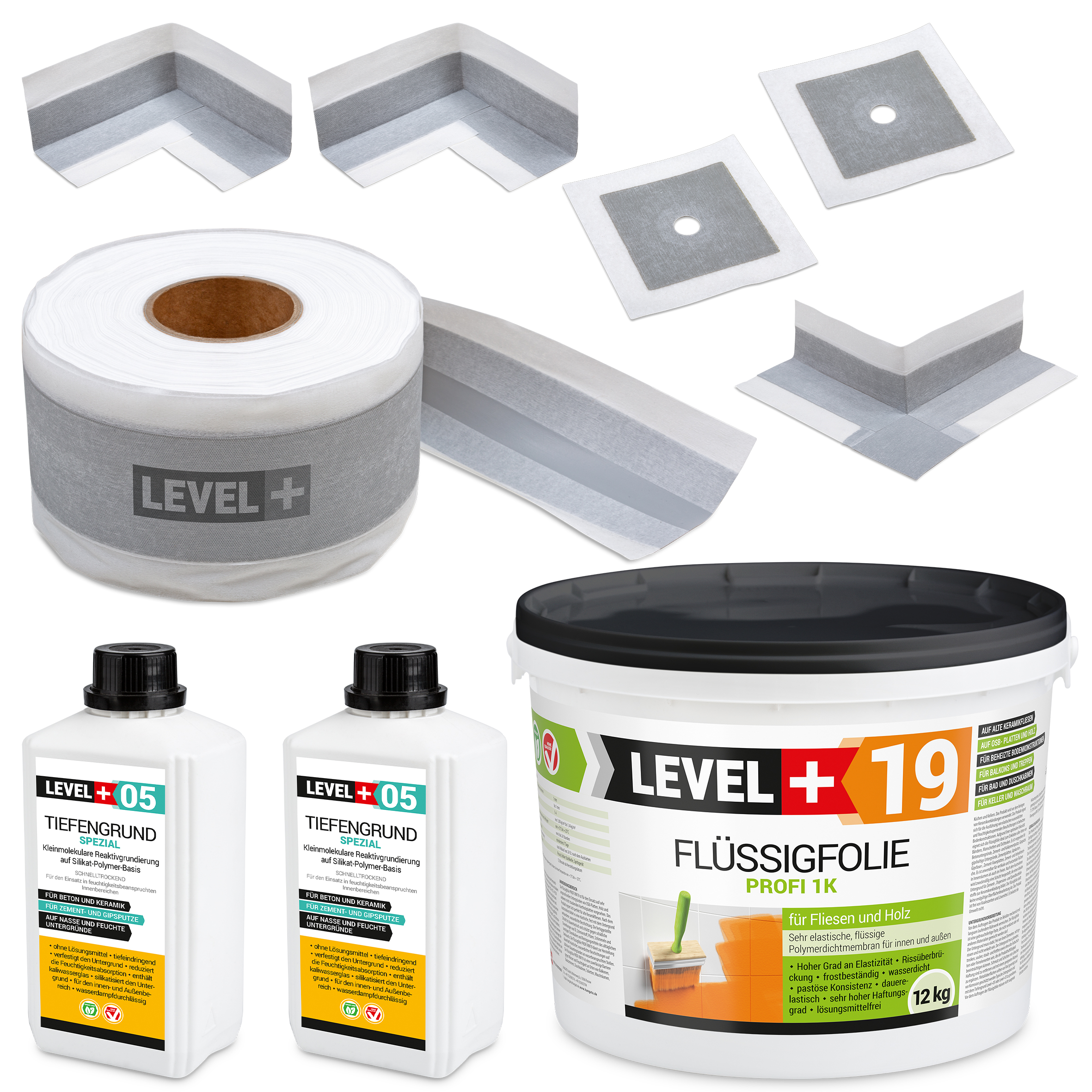 Zestaw do Hydroizolacji Folia w płynie 12kg Taśma 15mb Grunt 2L Mankiety Narożniki Łazienka LEVEL+ SET522