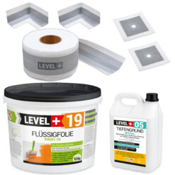 Zestaw do Hydroizolacji Folia w płynie 12kg Taśma 10mb Grunt 5L Mankiety Narożniki Balkon Łazienka LEVEL+ SET543